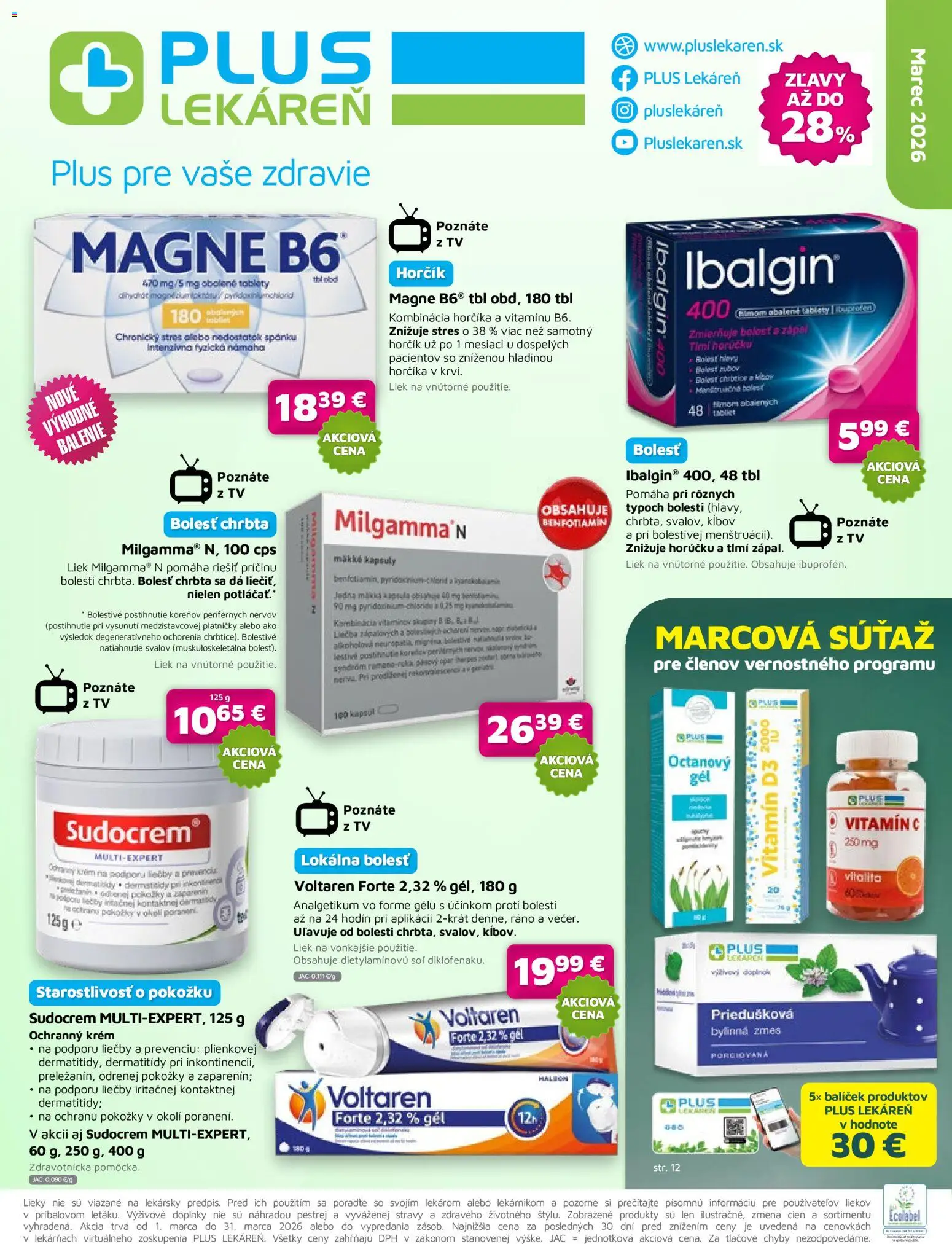 Nové Plus lekáreň akcie – leták je platný od 01.03.2026 | Strana: 1 | Produkty: Tv, Voltaren, Soľ