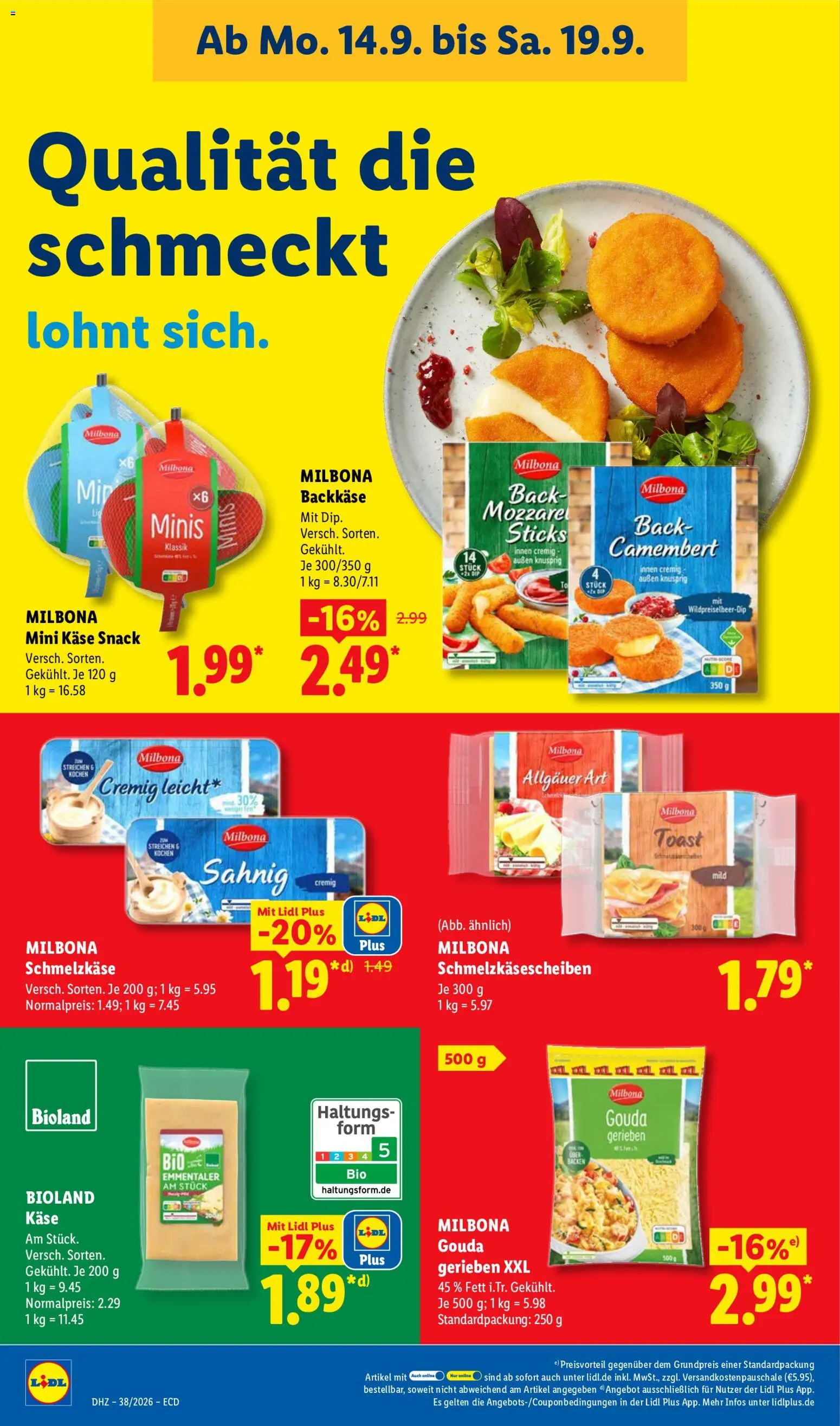 Lidl Německo leták od 14.09.2026 | Strana: 20 | Produkty: Gouda, Milbona, Kaše, Camembert