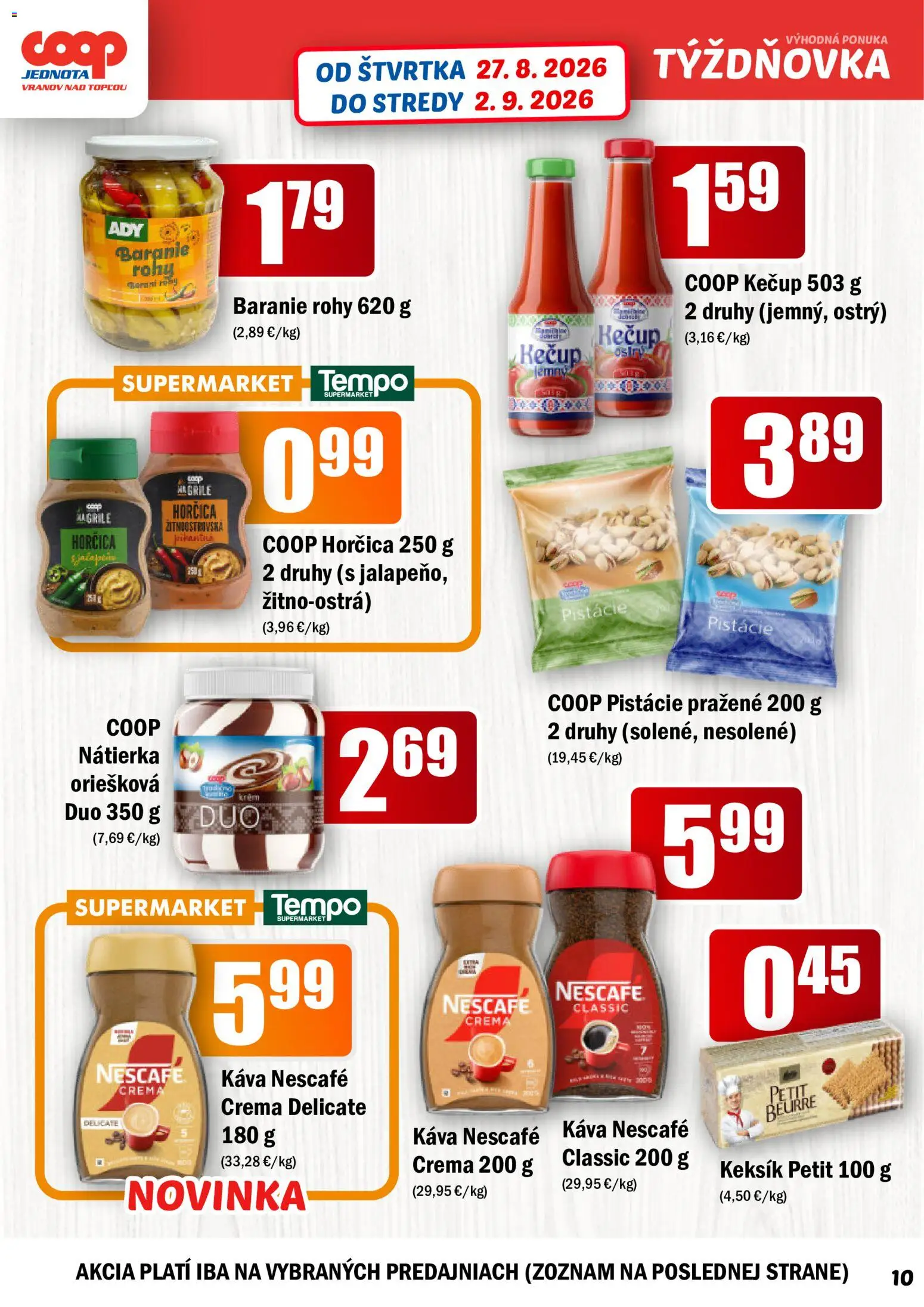 Nové COOP Jednota akcie – leták je platný od 27.08.2026 | Strana: 10 | Produkty: Káva, Kečup, Pistácie, Nescafé Classic