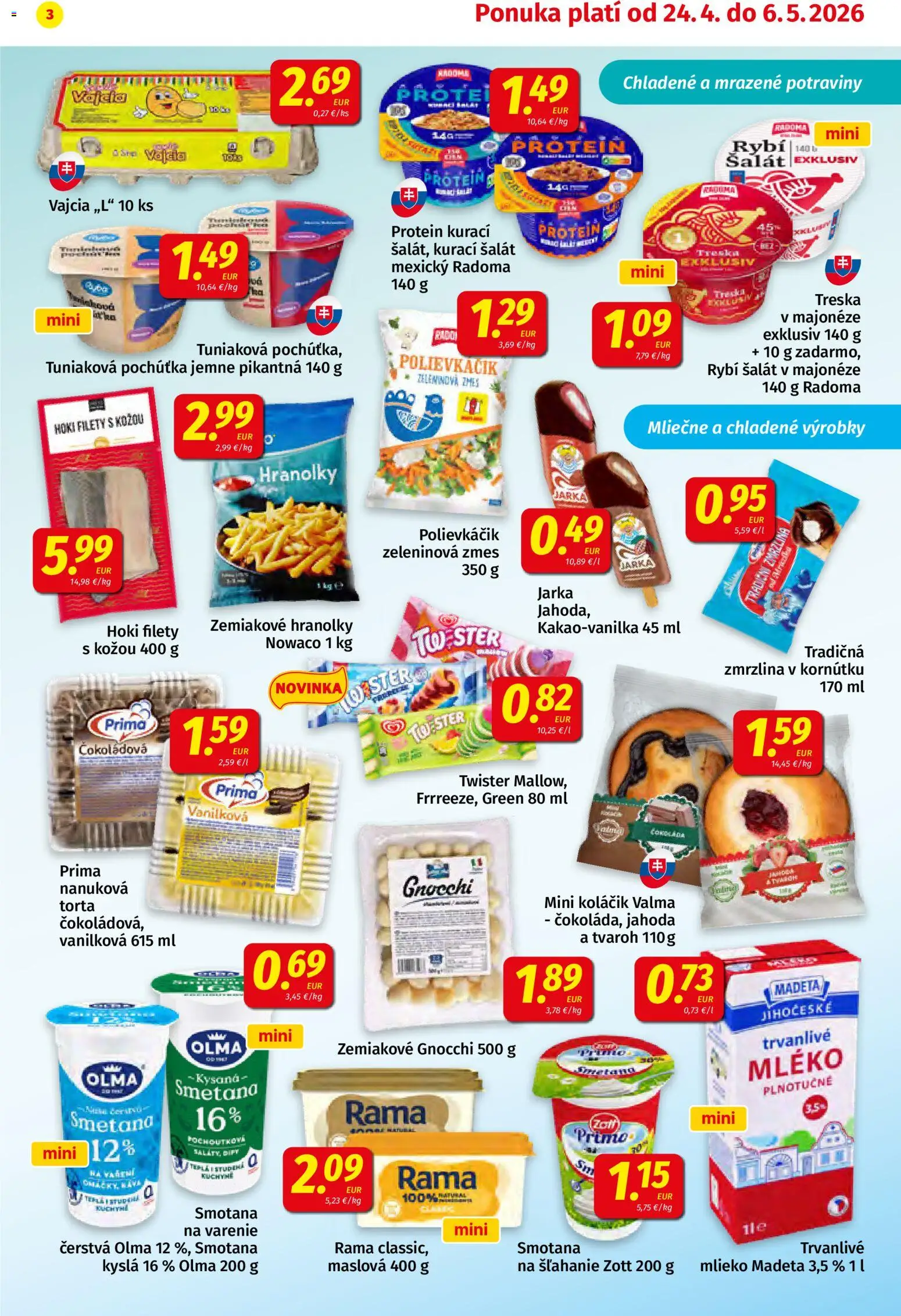 Nové Koruna akcie – leták je platný od 24.04.2026 | Strana: 3 | Produkty: Mlieko, Protein, Torta, Treska