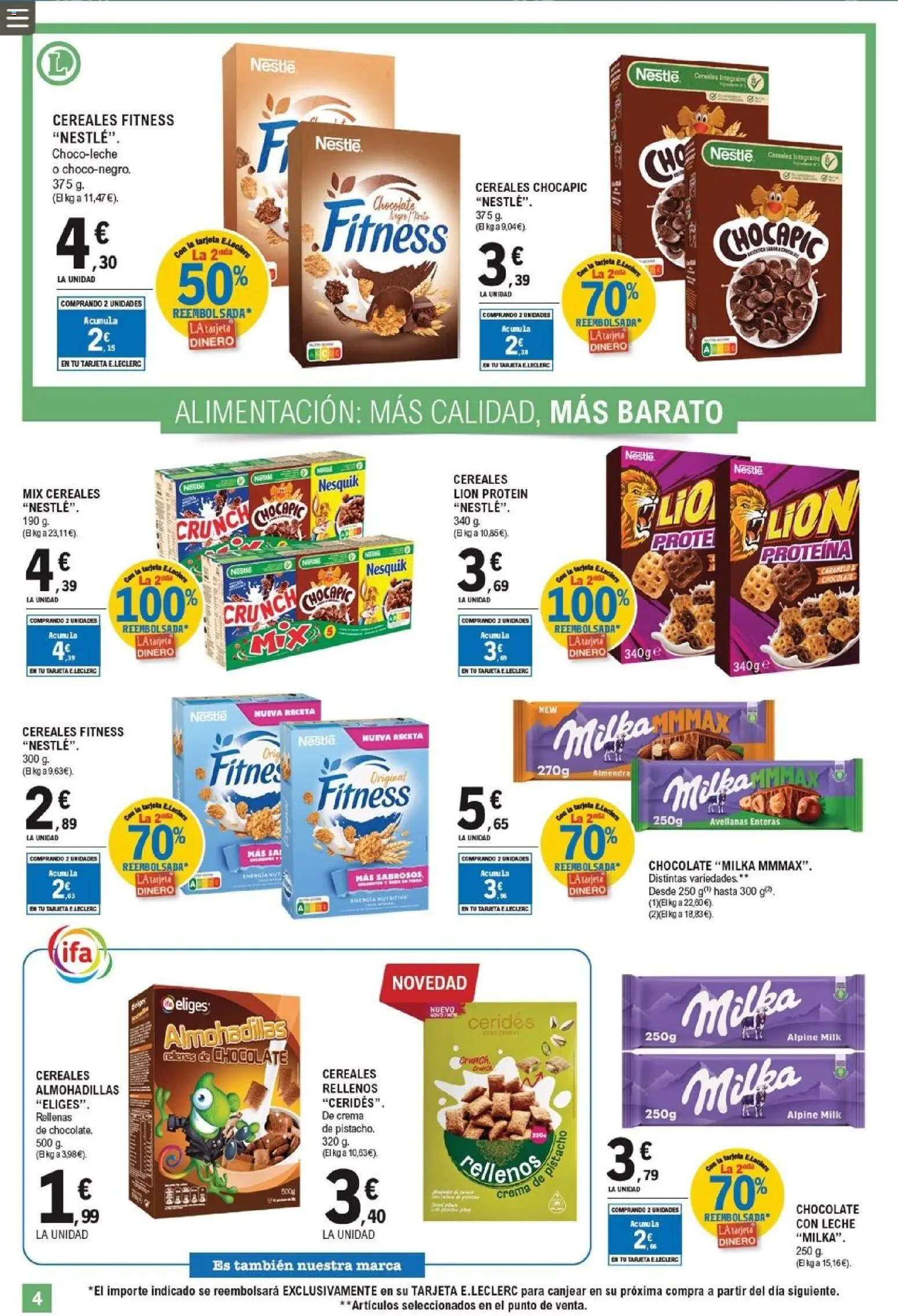 E.Leclerc folleto │ válido desde el 20.05.2026 | Página: 4 | Productos: Leche, Chocolate, Cereales, Crema