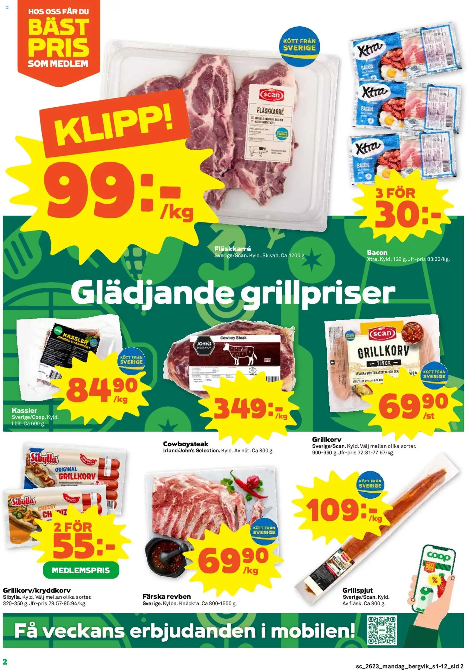 Stora Coop reklamblad aktuell från 01.06.2026 | Sida: 2 | Produkter: Bacon, Kassler, Grillkorv