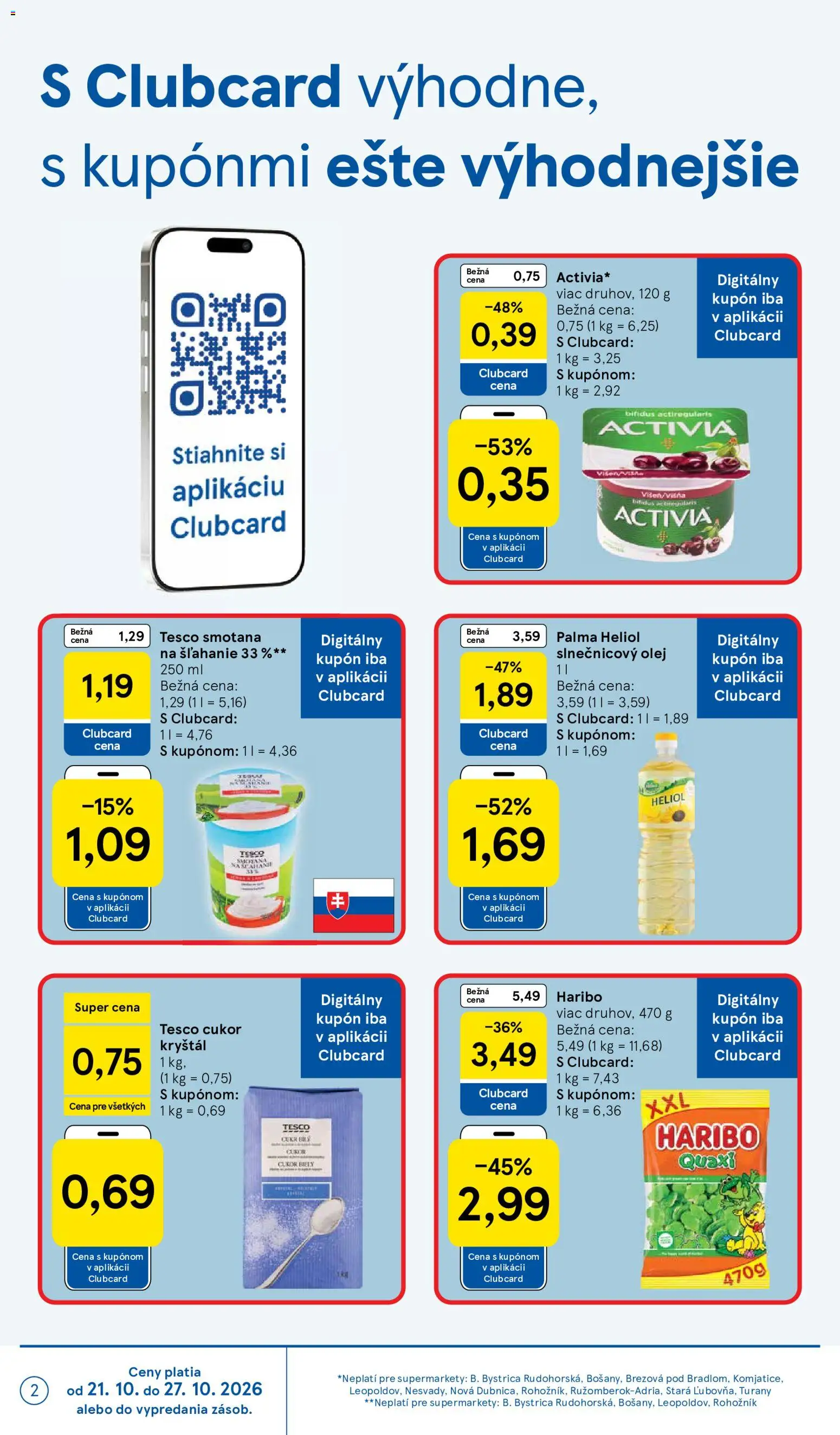 Nové Tesco akcie – leták je platný od 21.10.2026 | Strana: 2 | Produkty: Olej, Cukor, Cukor kryštál, Smotana na šľahanie