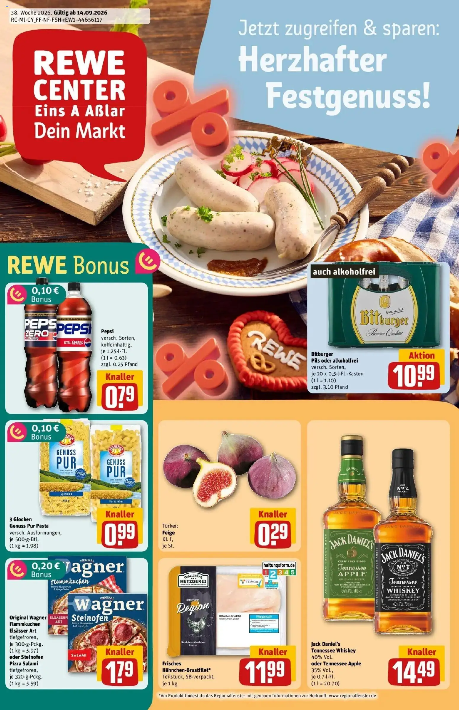 REWE Prospekt ab 14.09.2026 zum Blättern » Angebote | Seite: 1 | Produkte: Bitburger, Hahnchen, Pepsi, Whiskey