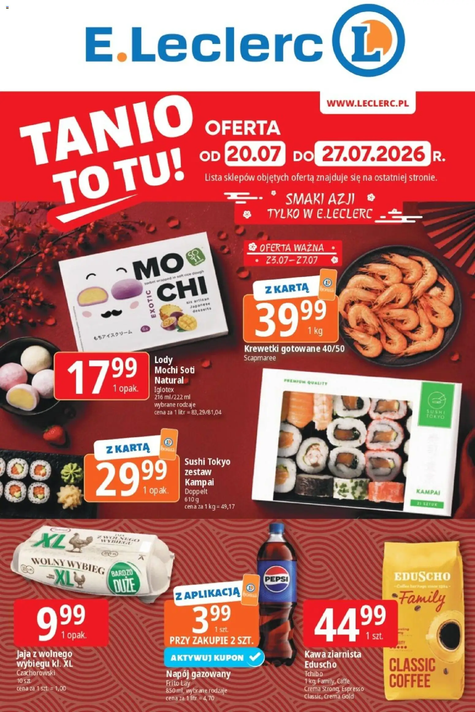 E.Leclerc gazetka od 20.07.2026 | Strona: 1 | Produkty: Karta, Krewetki, Tchibo, Krewetki gotowane