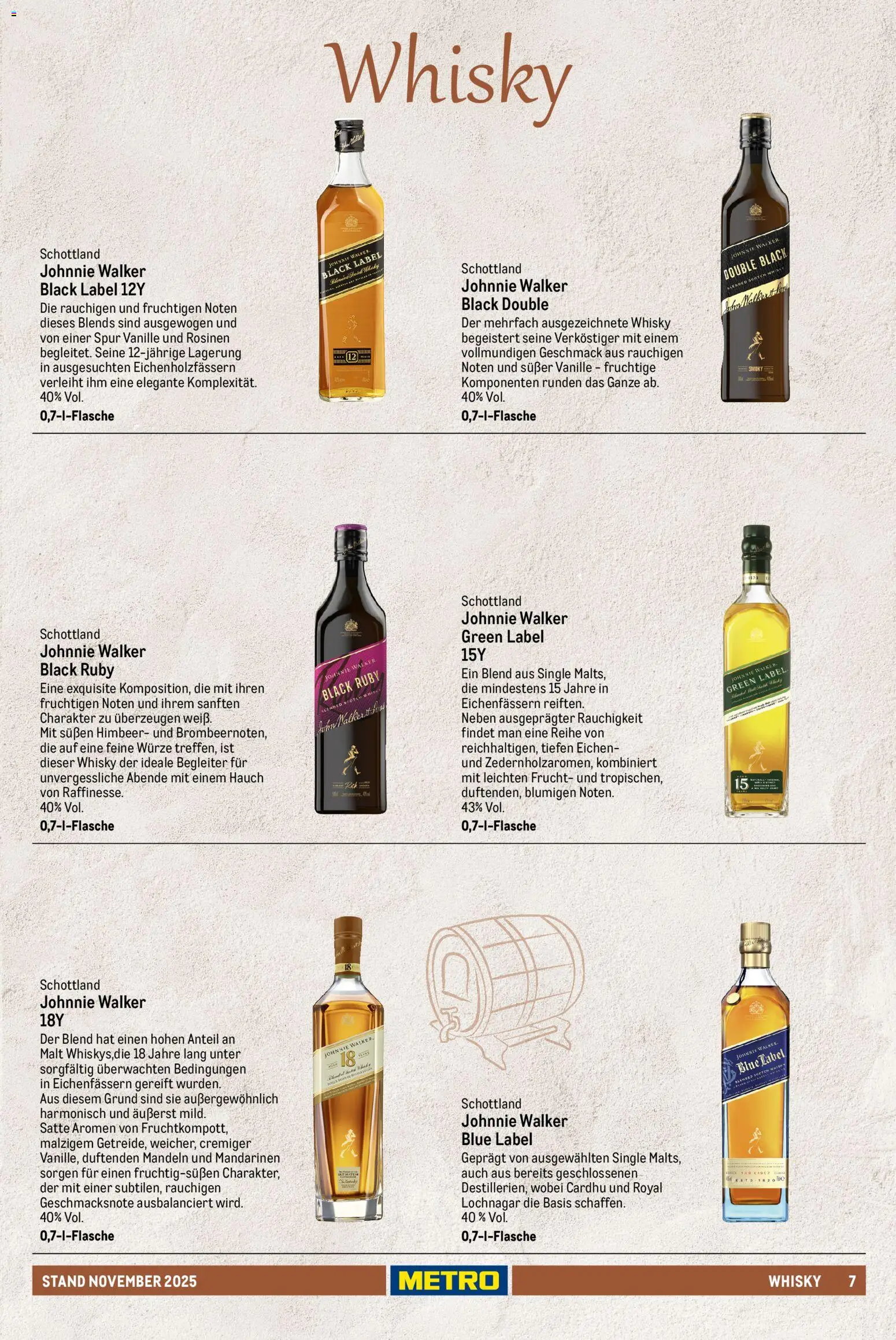 Metro - Spirituosen Sortiment – gültig ab 01.12.2025 | Seite: 7 | Produkte: Whisky, Mandeln, Vanille, Johnnie walker