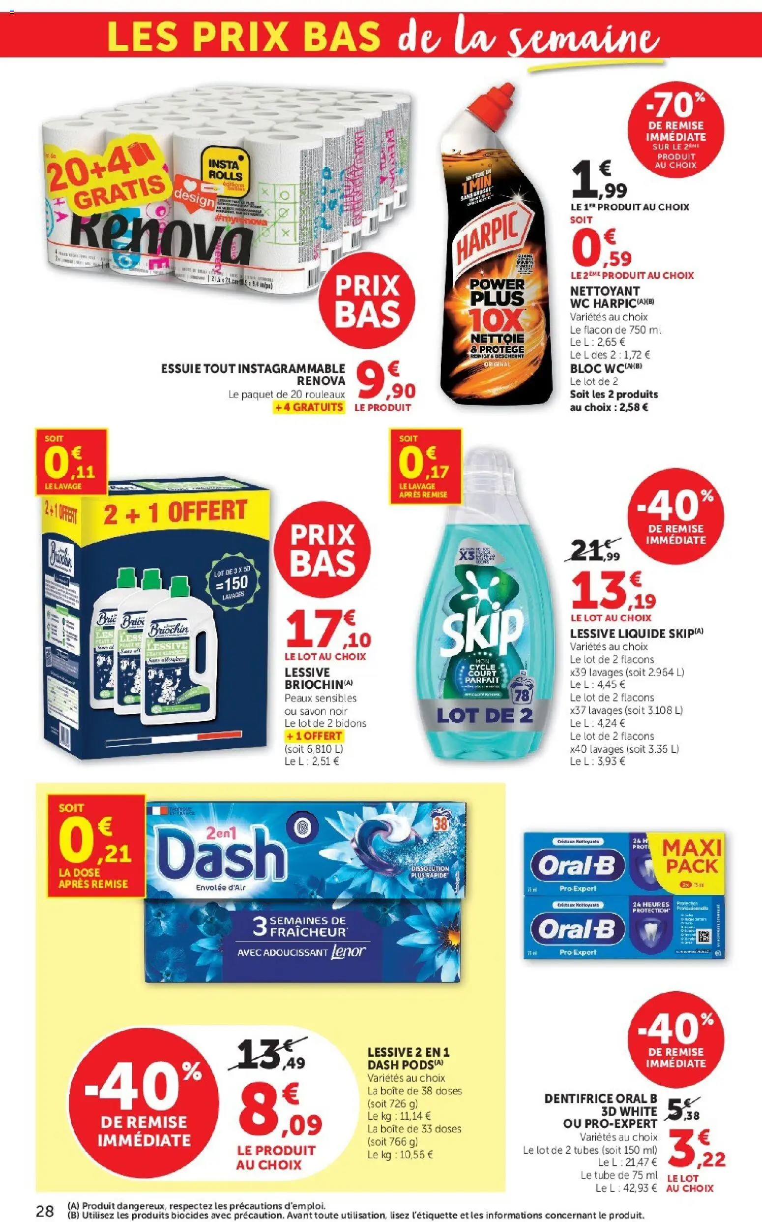{H1} | Page: 28 | Produits: Lenor, Brosse, Nettoyant wc, Skip
