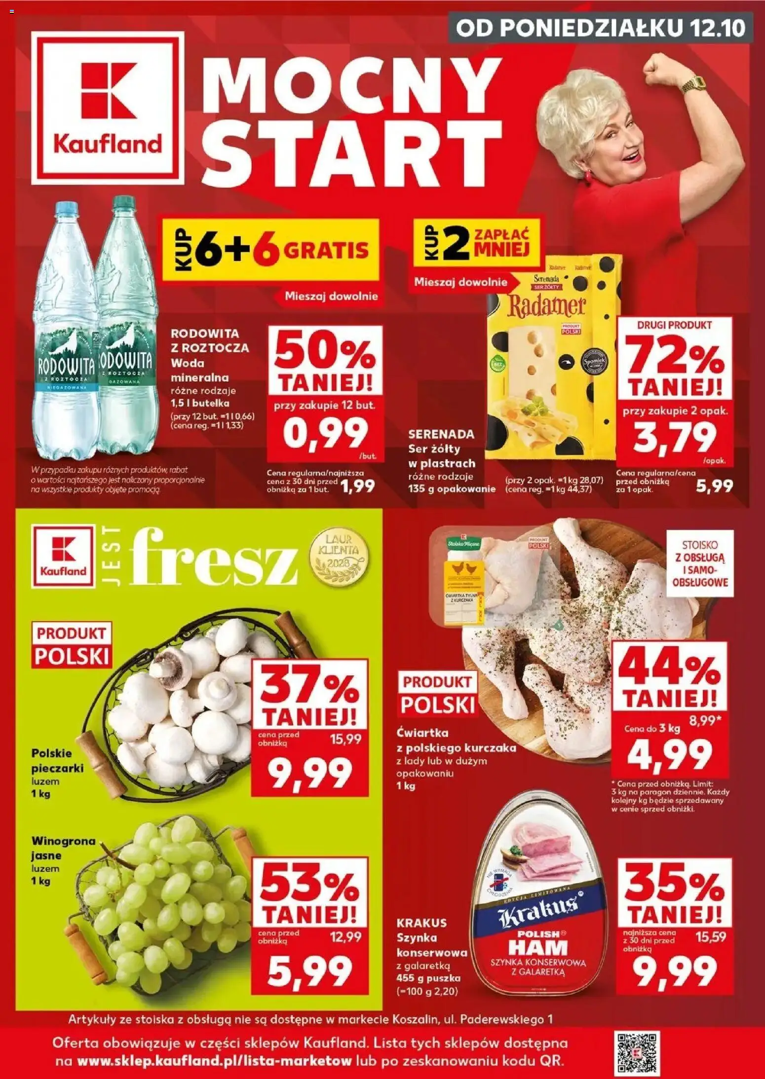 Kaufland gazetka - Mocny start od 12.10.2026 - od jutra PDF | Strona: 1 | Produkty: Winogrona, Galaretka, Szynka konserwowa, Ser