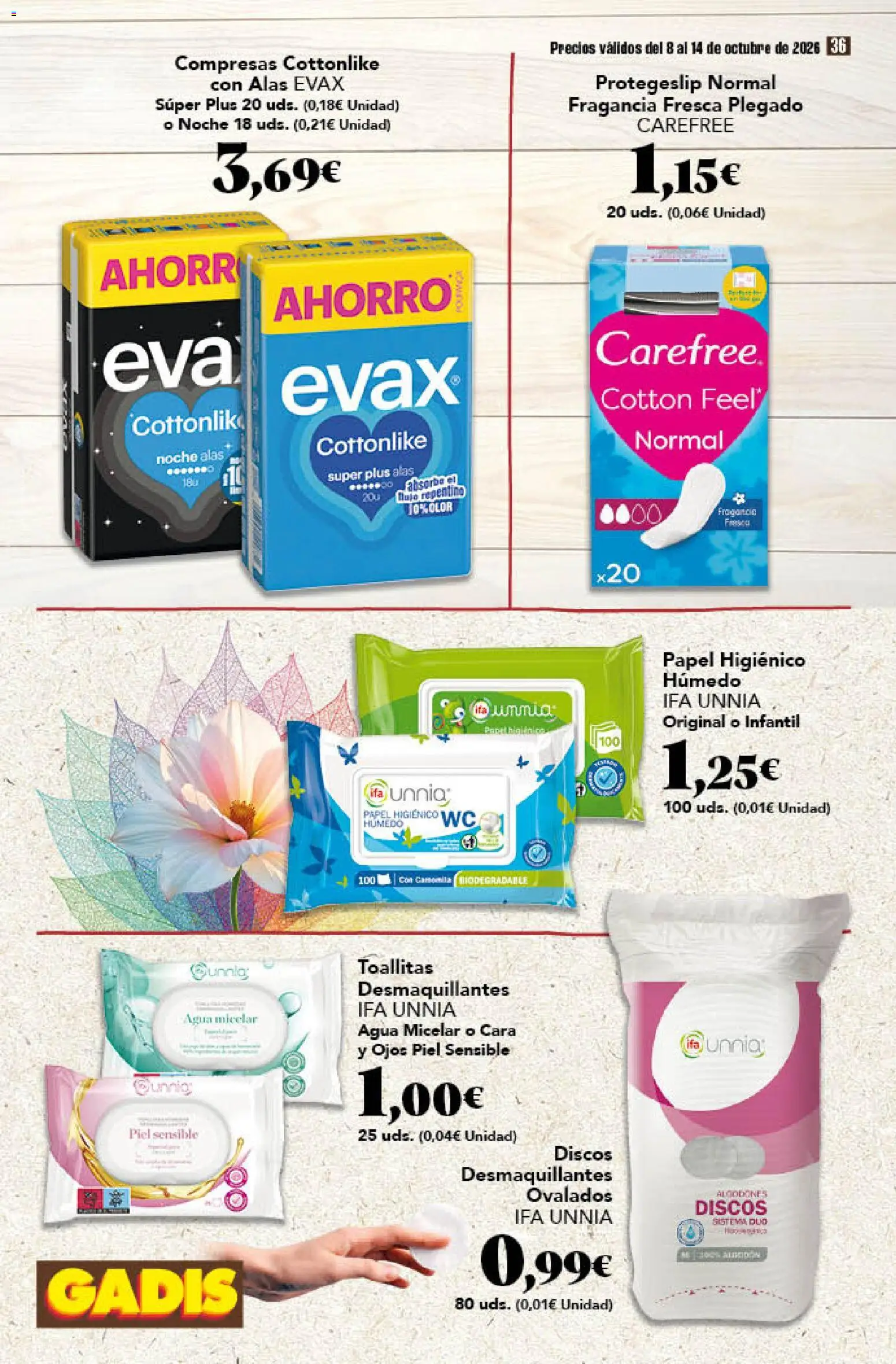 Gadis - folleto │ válido desde el 08/10/2026 | Página: 36 | Productos: Agua micelar, Papel higienico, Discos desmaquillantes, Compresas