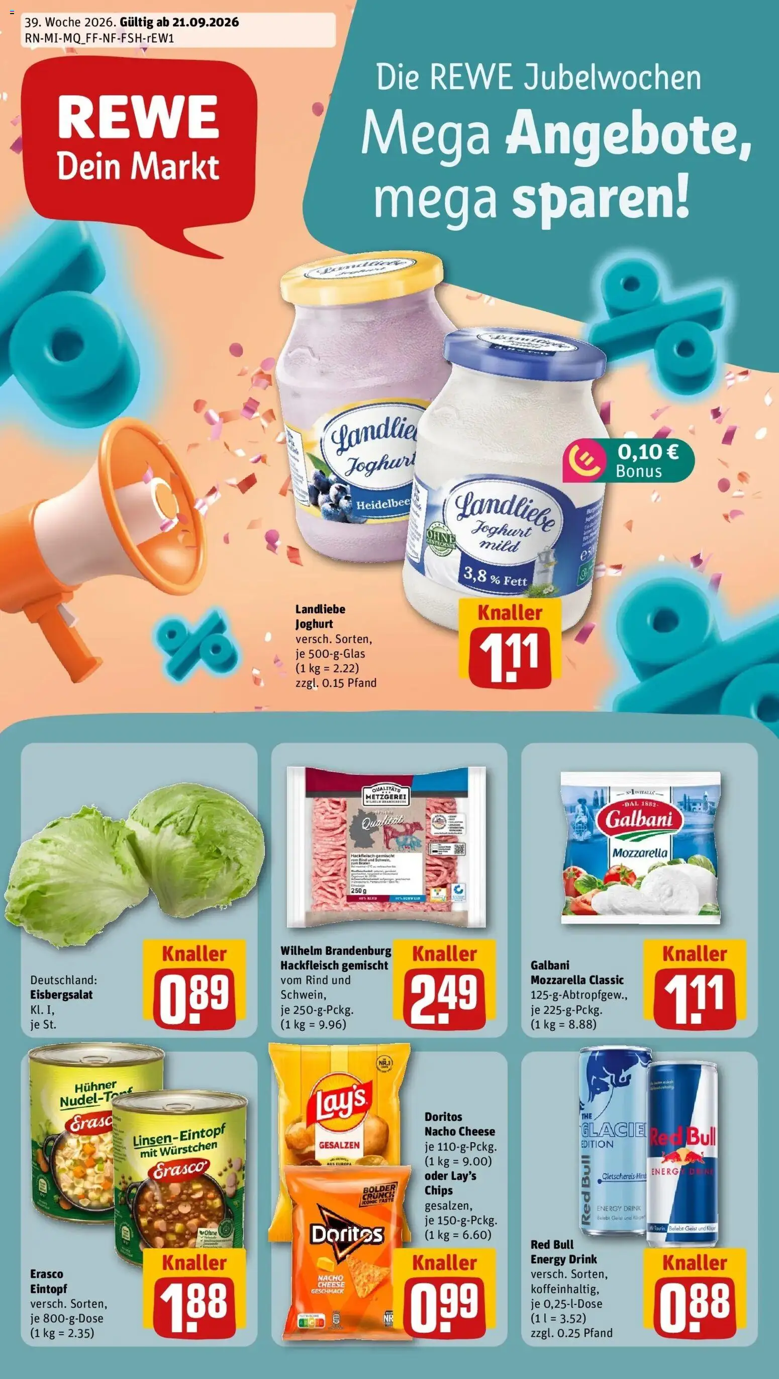 REWE Prospekt ab 21.09.2026 zum Blättern » Angebote | Seite: 1 | Produkte: Red bull, Joghurt, Mozzarella, Chips