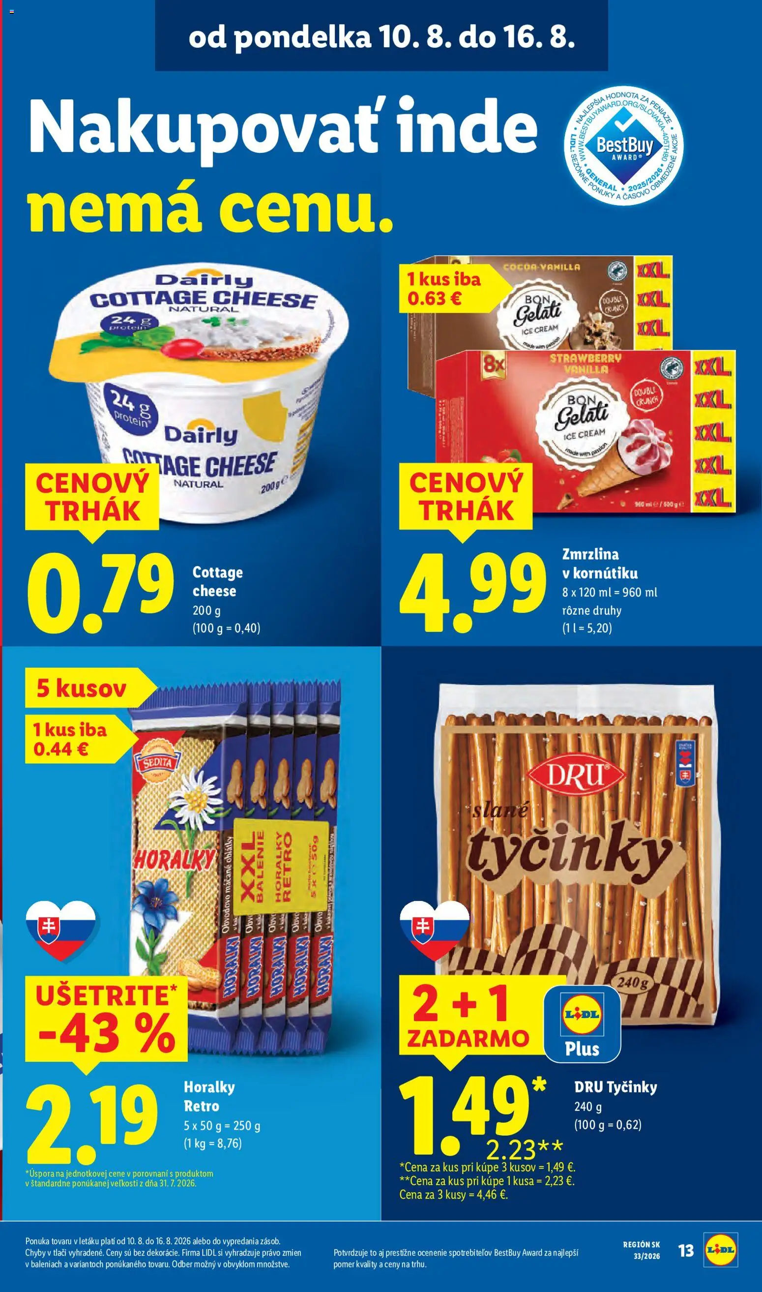 Nové Lidl akcie – leták je platný od 10.08.2026 | Strana: 17 | Produkty: Zmrzlina, Slané tyčinky, Cottage cheese, Horálky