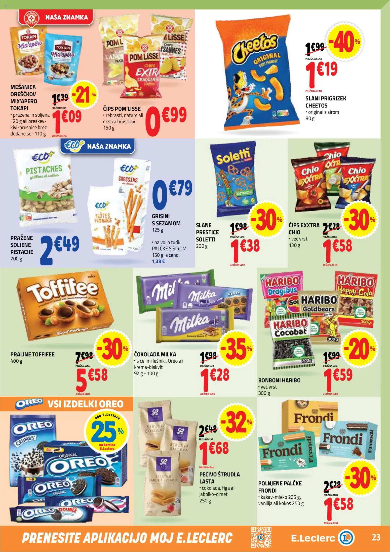 Novi E.leclerc katalog ponudbe – veljaven od 05.08.2026 | Stran: 23 | Izdelki: Grisini, Pistacije, Cips, Breskev