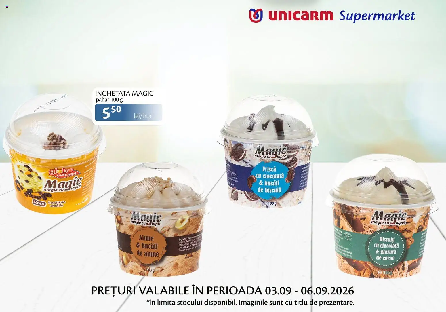 Noul catalog Unicarm – valabil de la 03.09.2026 | Pagină: 8 | Produse: Magic, Biscuiți, Înghețată, Stafide