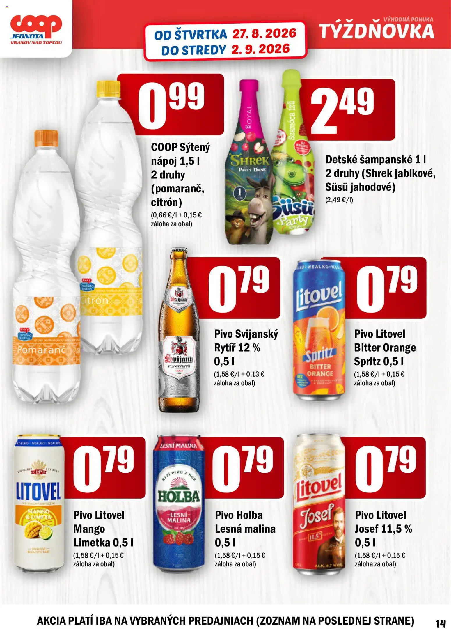 Nové COOP Jednota akcie – leták je platný od 27.08.2026 | Strana: 14 | Produkty: Limetka, Pivo, Mango, Šampanské