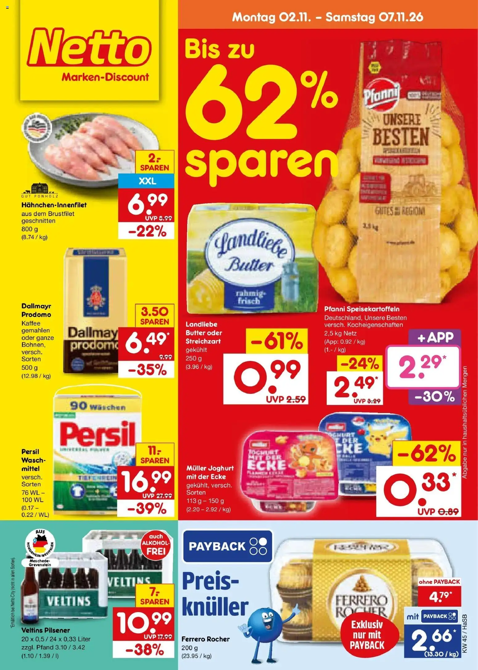 Netto Marken-Discount Prospekt Unna – gültig ab 02.11.2026 | Seite: 1 | Produkte: Ferrero rocher, Butter, Alkohol, Veltins