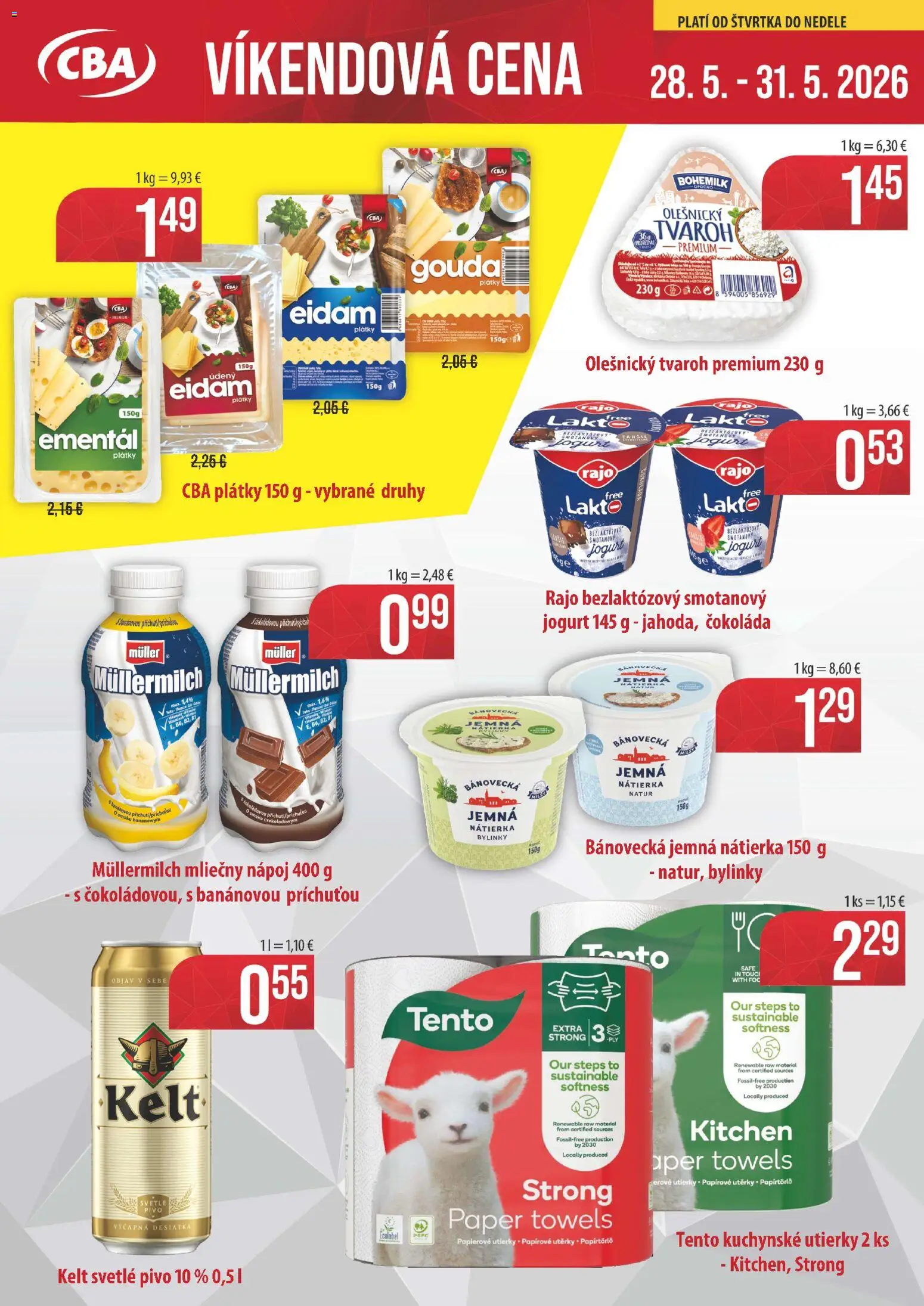 Nové Nitrazdroj akcie – leták je platný od 28.05.2026 | Strana: 1 | Produkty: Gouda, Eidam, Kelt, Čokoláda