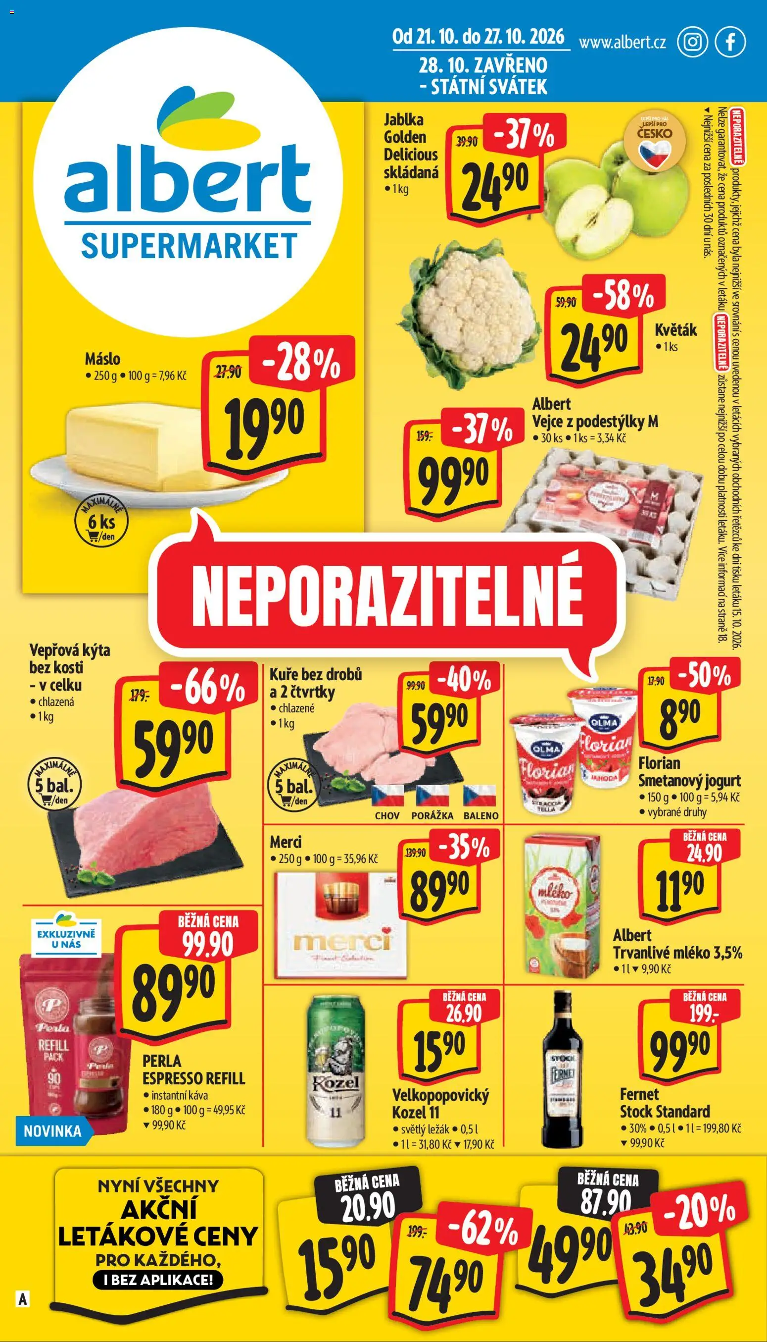 Albert leták - Supermarket od 21.10.2026 | Strana: 1 | Produkty: Máslo, Káva, Merci, Jogurt florian