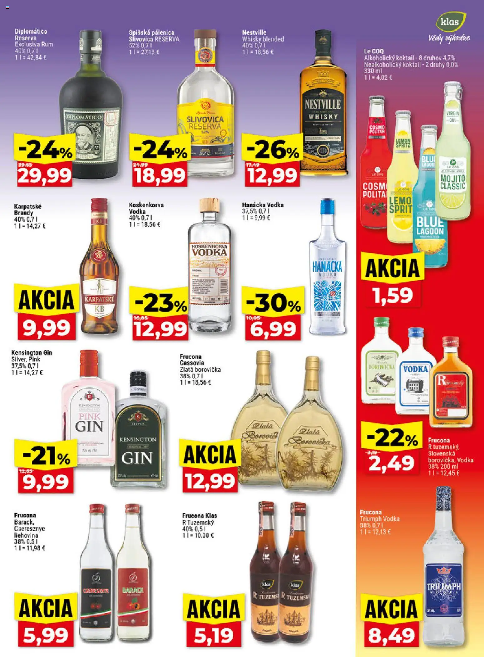 Nové Klas akcie – leták je platný od 24.08.2026 | Strana: 22 | Produkty: Borovička, Brandy, Vodka, Rum