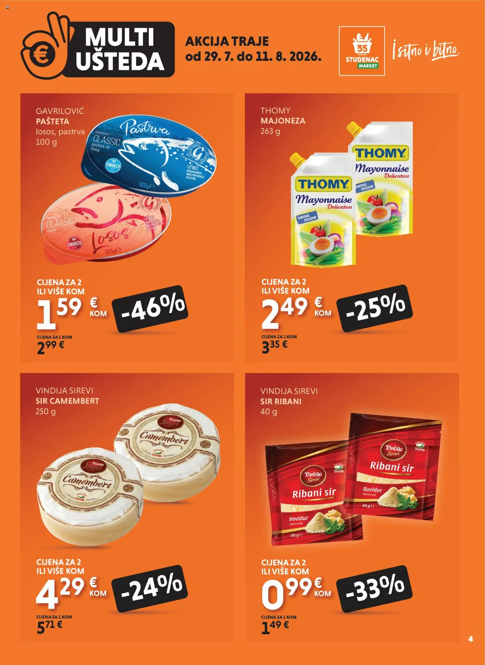 Studenac katalog | vrijedi od 29.07.2026 | Stranica: 4 | Proizvodi: Vindija, Sir, Majoneza, Losos