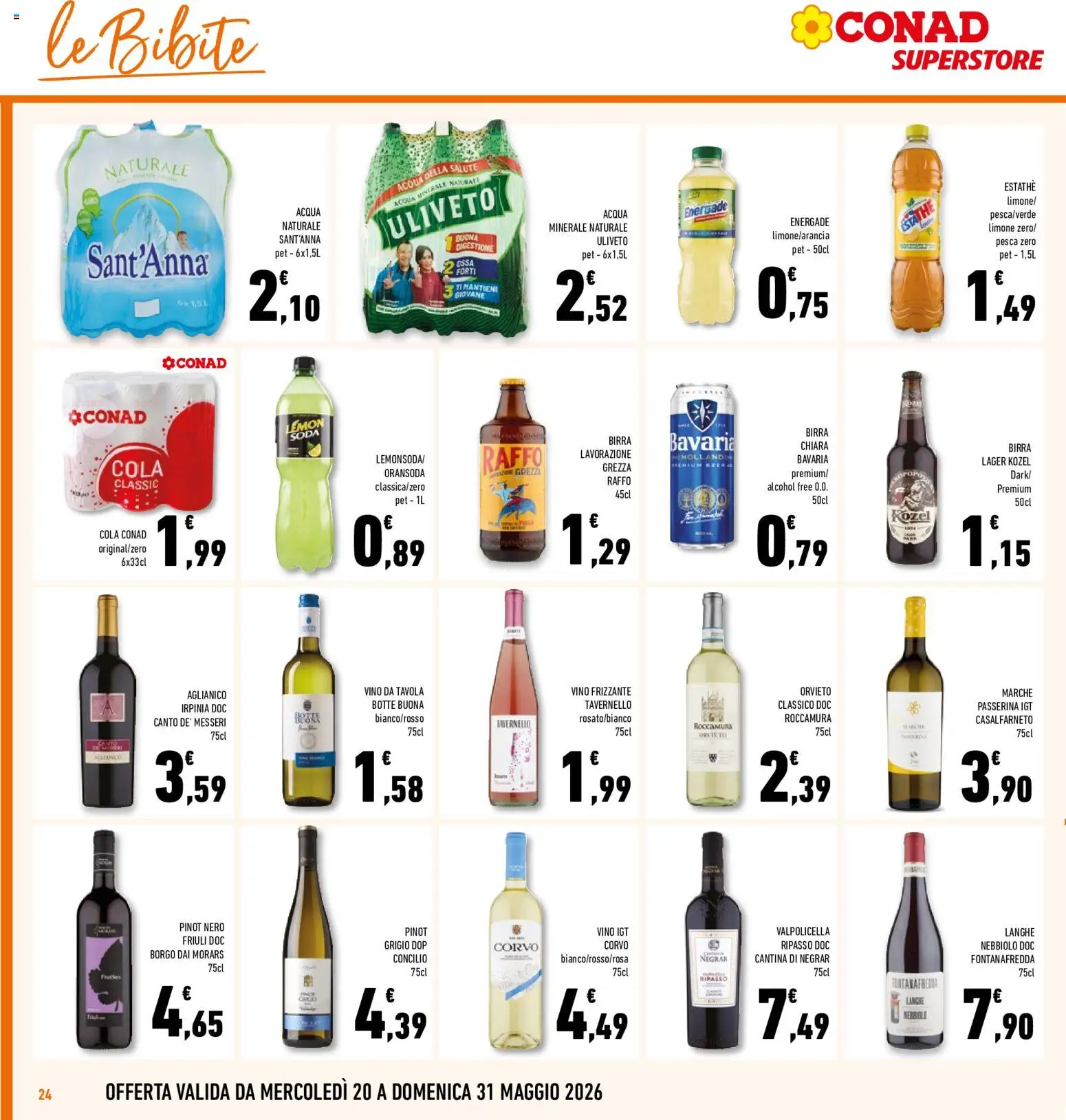 Volantino Conad del 20.05.2026 | Pagina: 24 | Prodotti: Birra, Vino, Pesca, Acqua minerale