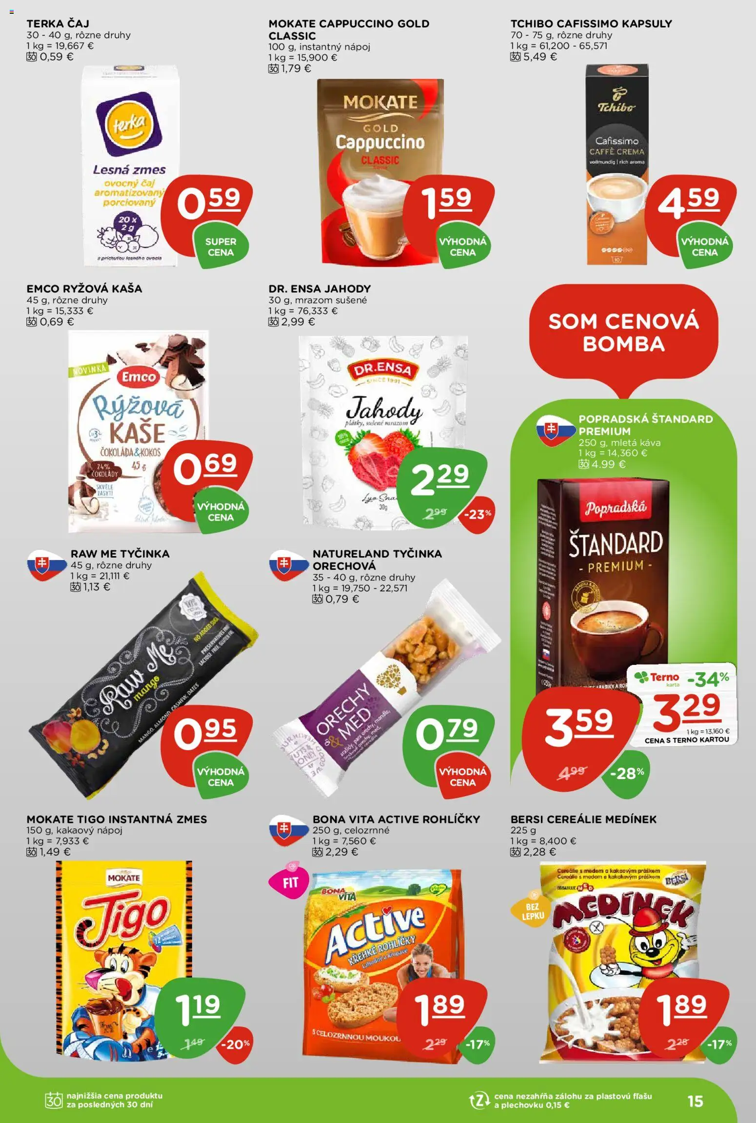 Nové Terno akcie – leták je platný od 24.09.2026 | Strana: 15 | Produkty: Kokos, Čokoláda, Cereálie, Med