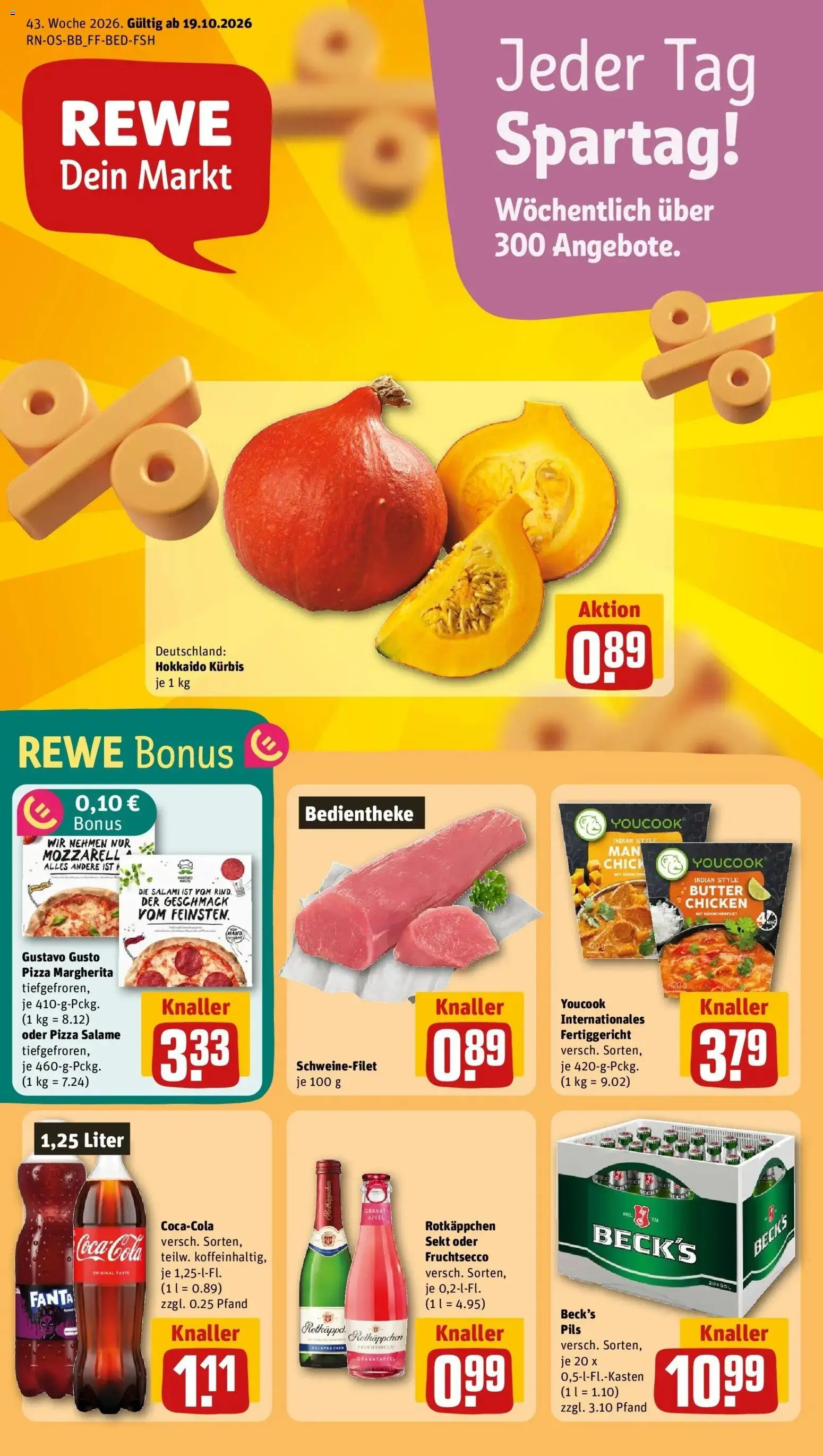 REWE Prospekt ab 19.10.2026 zum Blättern » Angebote | Seite: 1 | Produkte: Gustavo gusto, Butter, Sekt, Kürbis