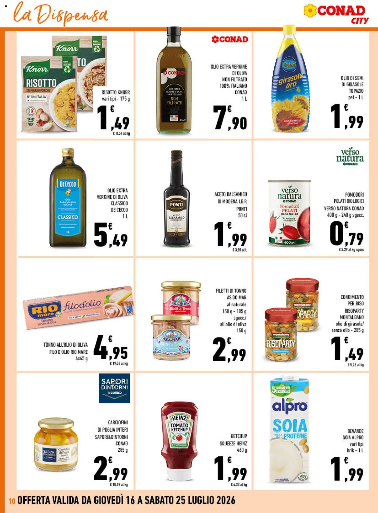 Volantino Conad del 16/07/2026 | Pagina: 10 | Prodotti: Tonno, Aceto, Olio extra vergine, Olio di semi di girasole