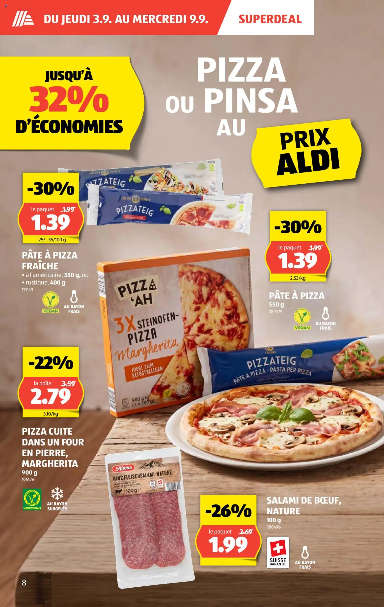 Aldi aktionen FR – gültig ab 03.09.2026 | Seite: 8 | Produkte: Salami, Pizza, Pasta