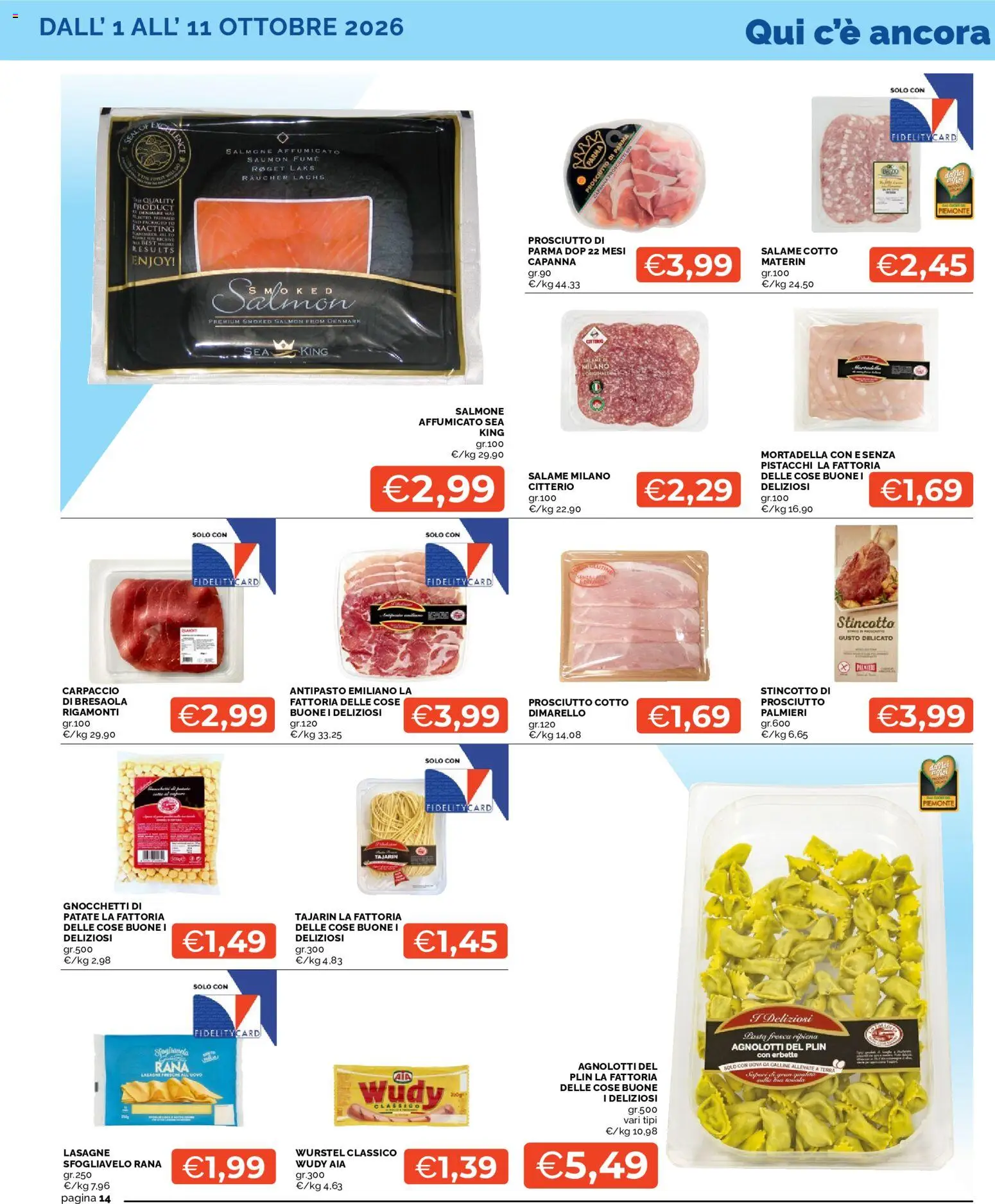 Volantino Mercatò del 01/10/2026 | Pagina: 14 | Prodotti: Prosciutto di Parma, Prosciutto, Pasta, Mortadella