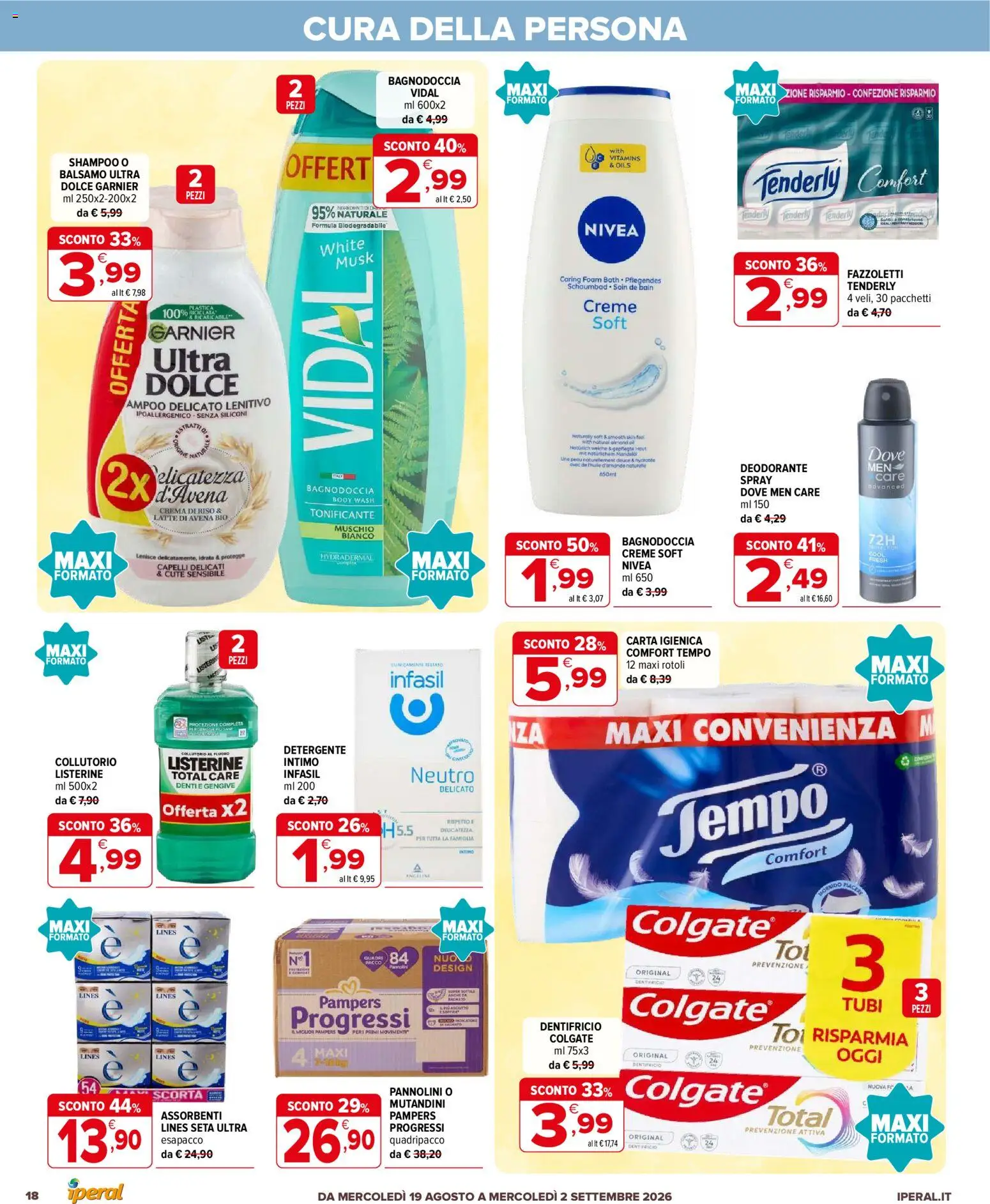 Volantino Iperal del 19/08/2026 | Pagina: 18 | Prodotti: Crema, Dentifricio, Intimo, Pampers