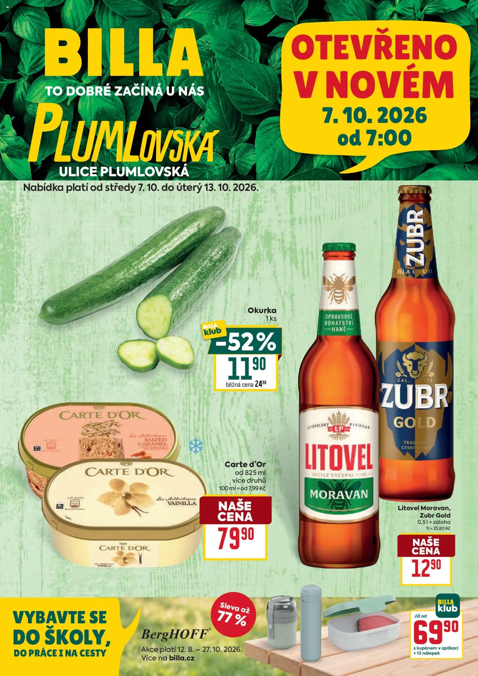 Billa leták - Prostějov od 07.10.2026 | Strana: 1 | Produkty: Pivo, Cif, Carte d'or, Okurka