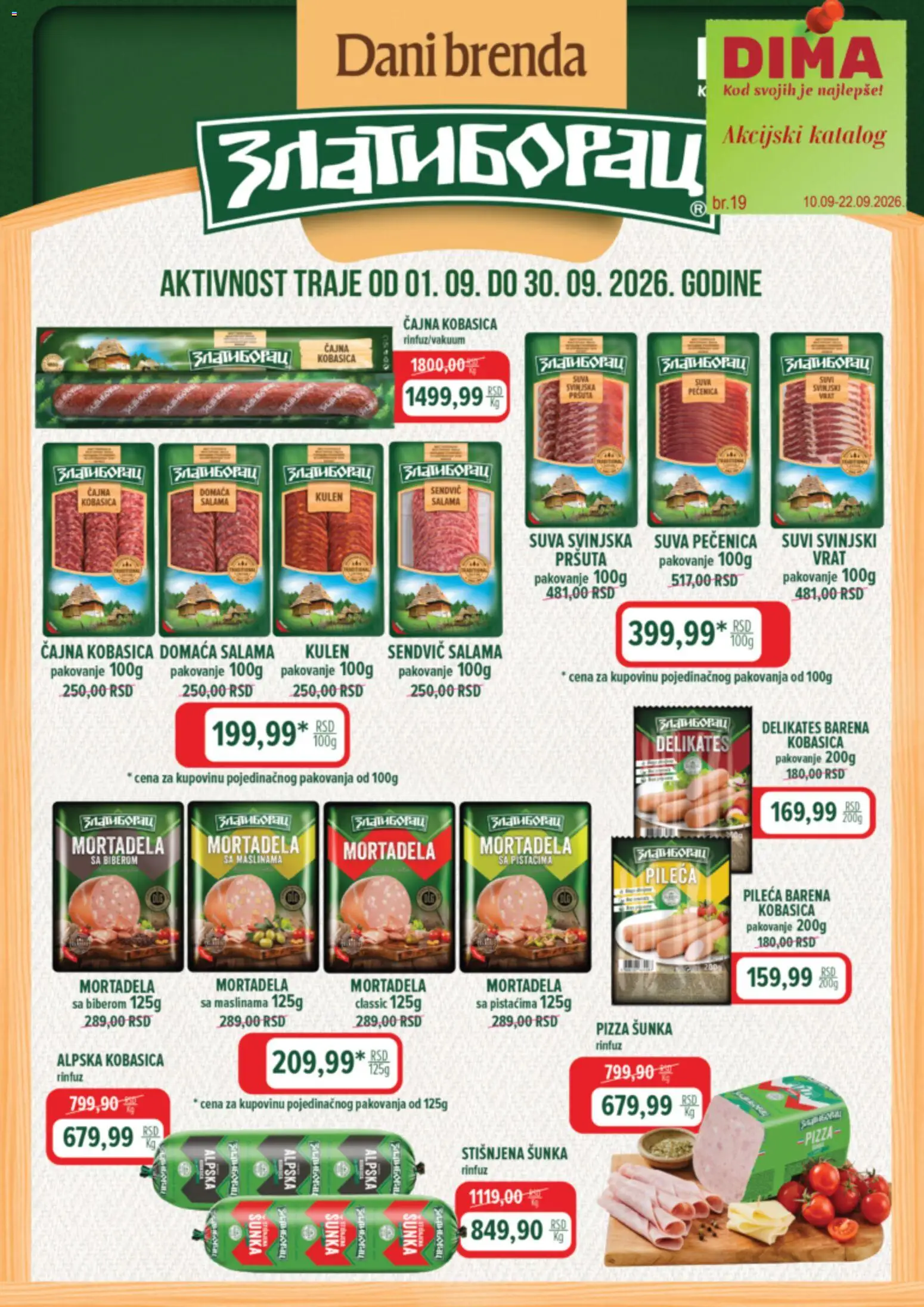 VP Dima katalog - važi od 10.09.2026 | Strana: 1 | Proizvode: Mortadela, Pakovanje, Vrat, Pizza šunka