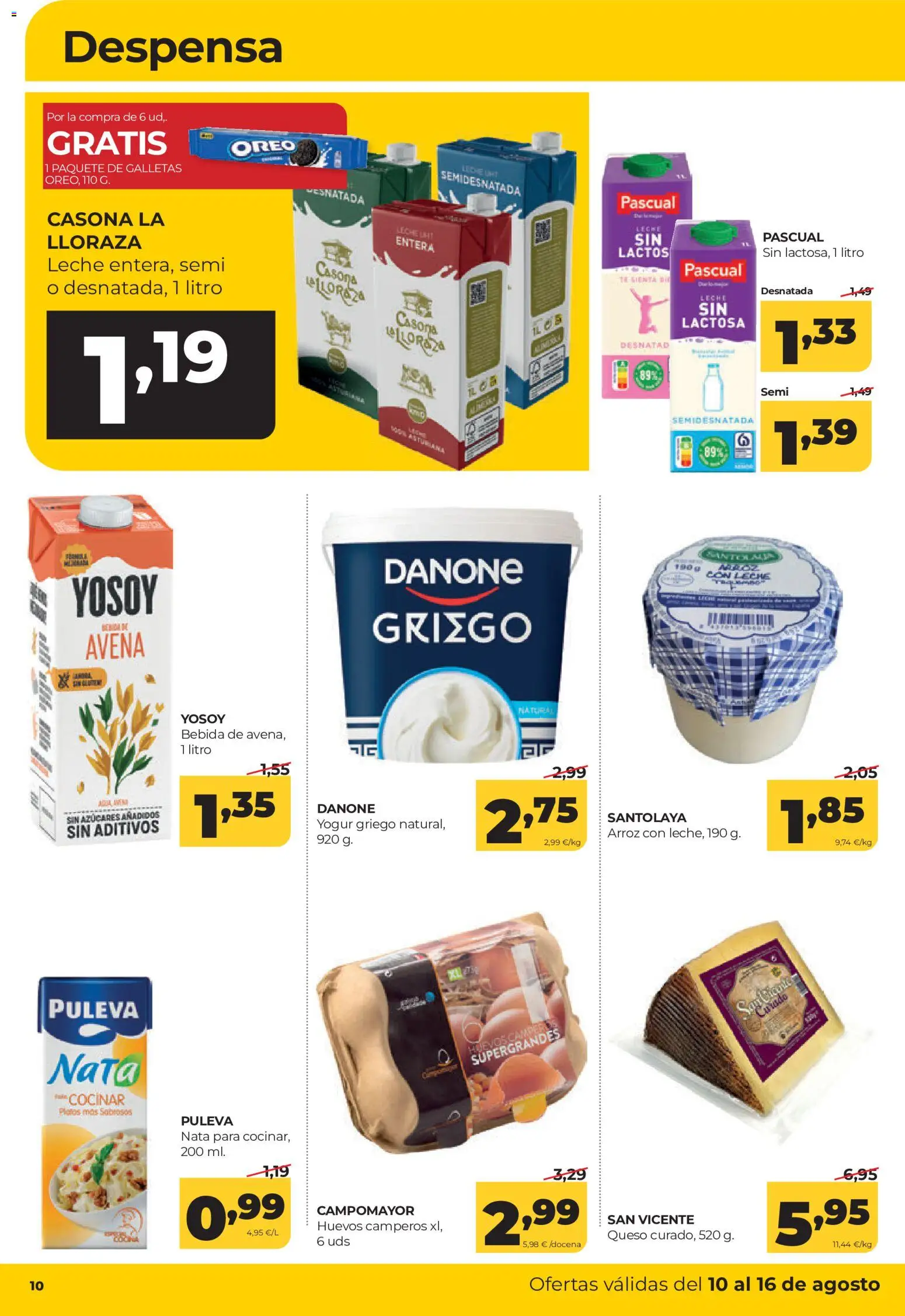 Alimerka folleto │ válido desde el 10/08/2026 | Página: 10 | Productos: Leche entera, Nata, Yogur griego, Galletas