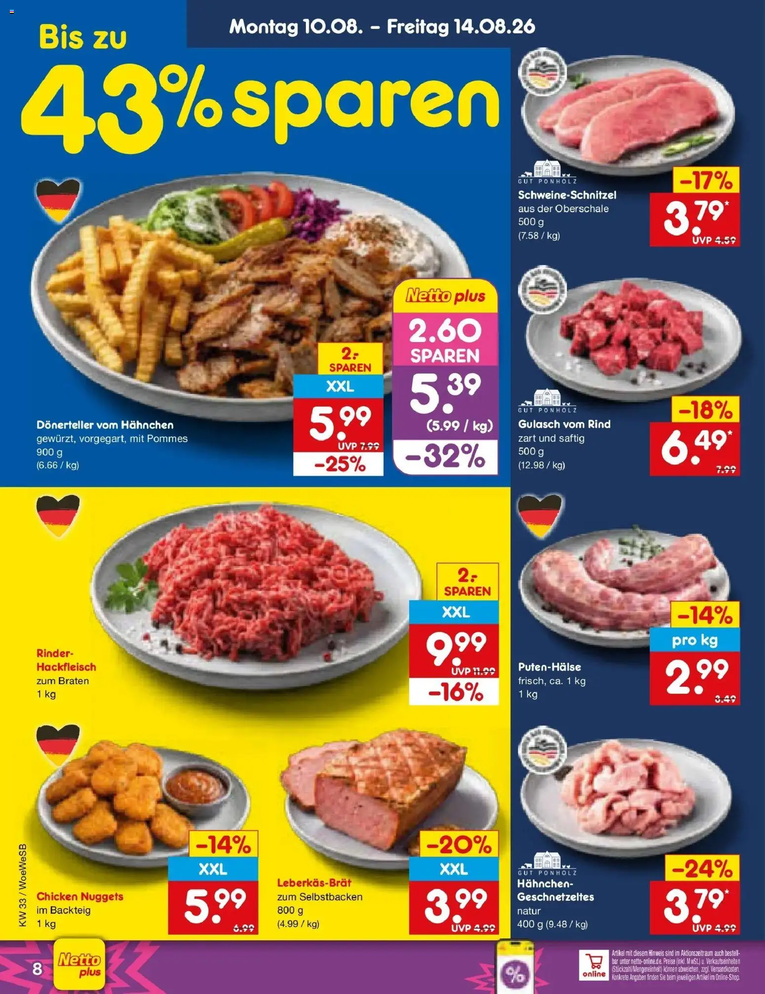 Netto Marken-Discount Prospekt Katzweiler (ab 10.08.2026) » Angebote | Seite: 8 | Produkte: Hahnchen, Pommes, Gulasch, Hackfleisch
