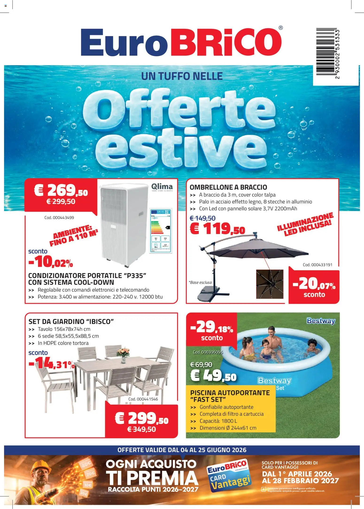 Volantino Eurobrico del 04.06.2026 | Pagina: 1 | Prodotti: Alluminio, Condizionatore, Tavolo, Condizionatore portatile