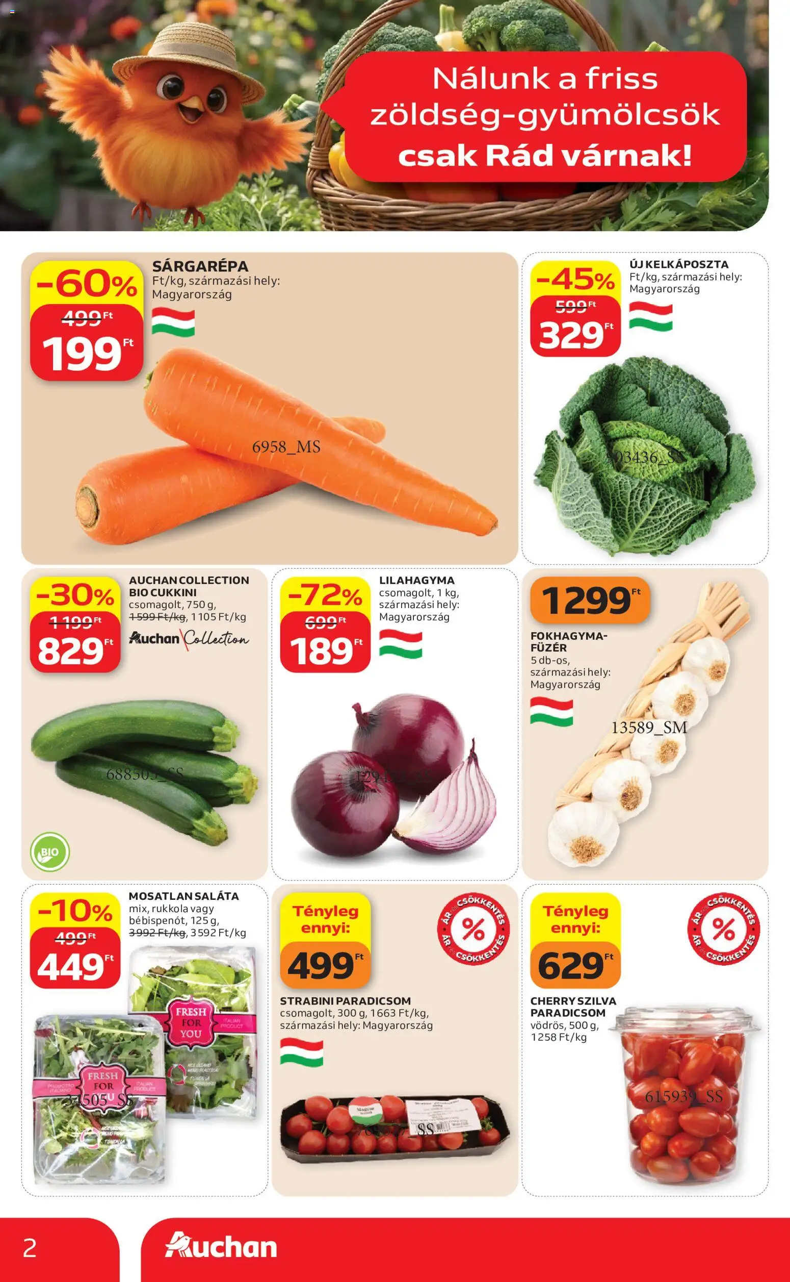 Auchan akciós ujság - amely érvényes a következő dátumtól: 2026.08.13. | Oldal: 2 | Termékek: Fokhagyma, Sárgarépa, Cukkini, Saláta