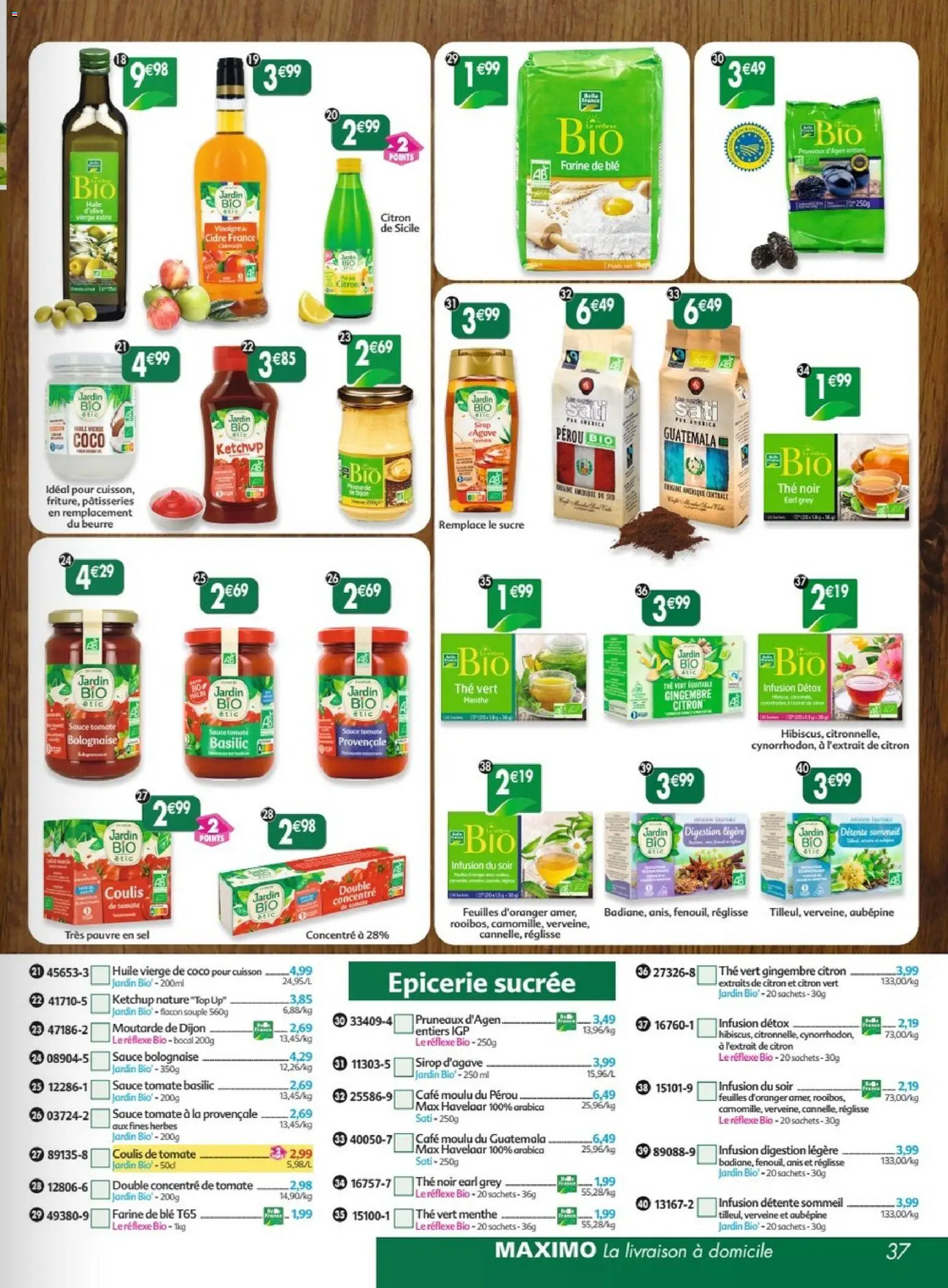 {H1} | Page: 37 | Produits: Menthe, Pruneaux, Sauce bolognaise, Café