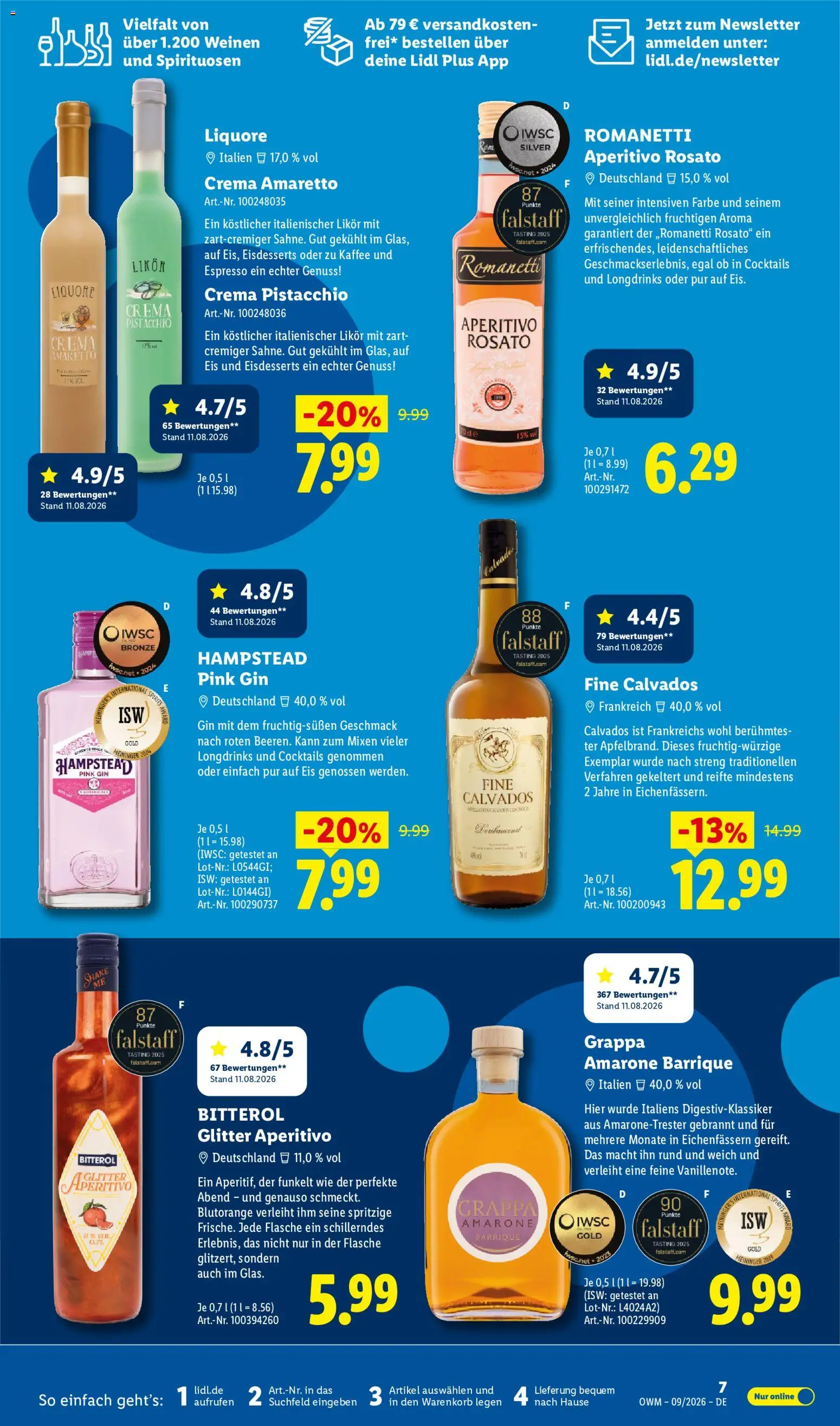 Lidl Německo leták - Wein & Spirituosen od 01.09.2026 | Strana: 7 | Produkty: Amaretto, Gin, Bitterol, Calvados
