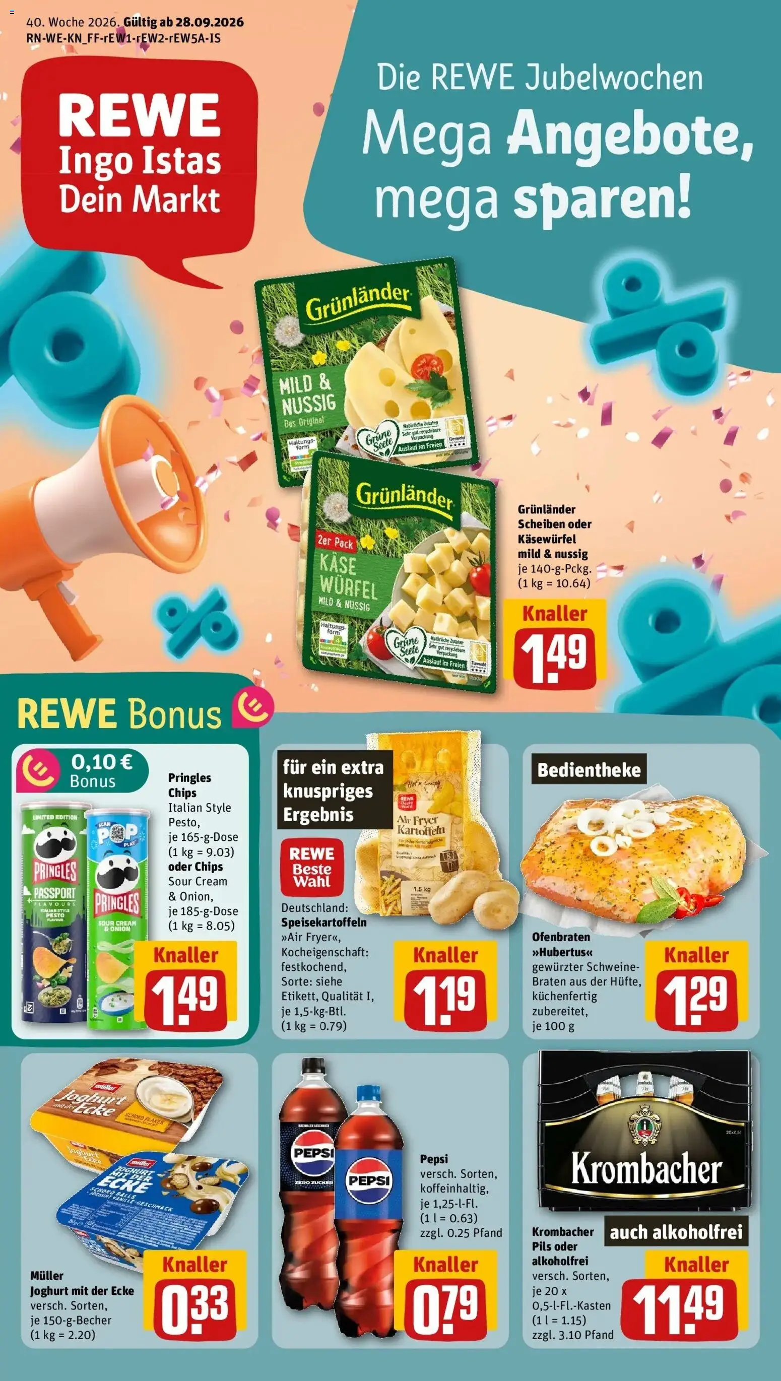 REWE Prospekt ab 28.09.2026 zum Blättern » Angebote | Seite: 1 | Produkte: Joghurt, Kartoffeln, Zucker, Pringles