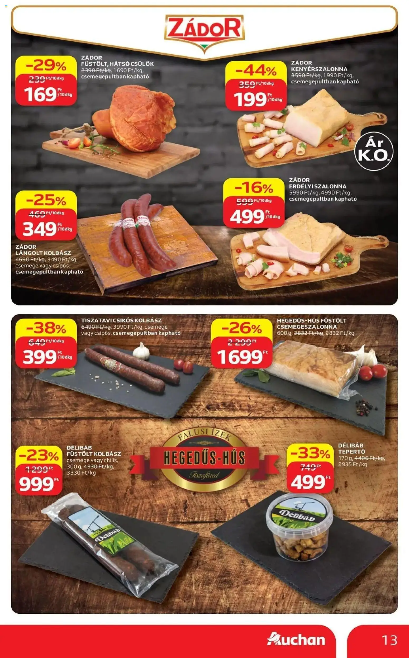 Auchan akciós újság Szolnok - 2026.08.13. -tól/töl > akció, lapozható szórólap 🛍️ | Oldal: 13 | Termékek: Kolbász, Bacon, Lángolt kolbász, Szalonna