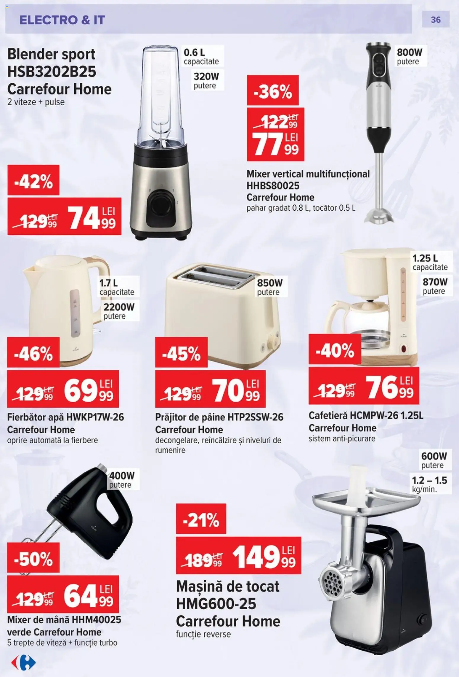 Noul catalog Carrefour – valabil de la 23.09.2026 | Pagină: 36 | Produse: Mașină de tocat, Tocător, Pâine, Prăjitor de pâine