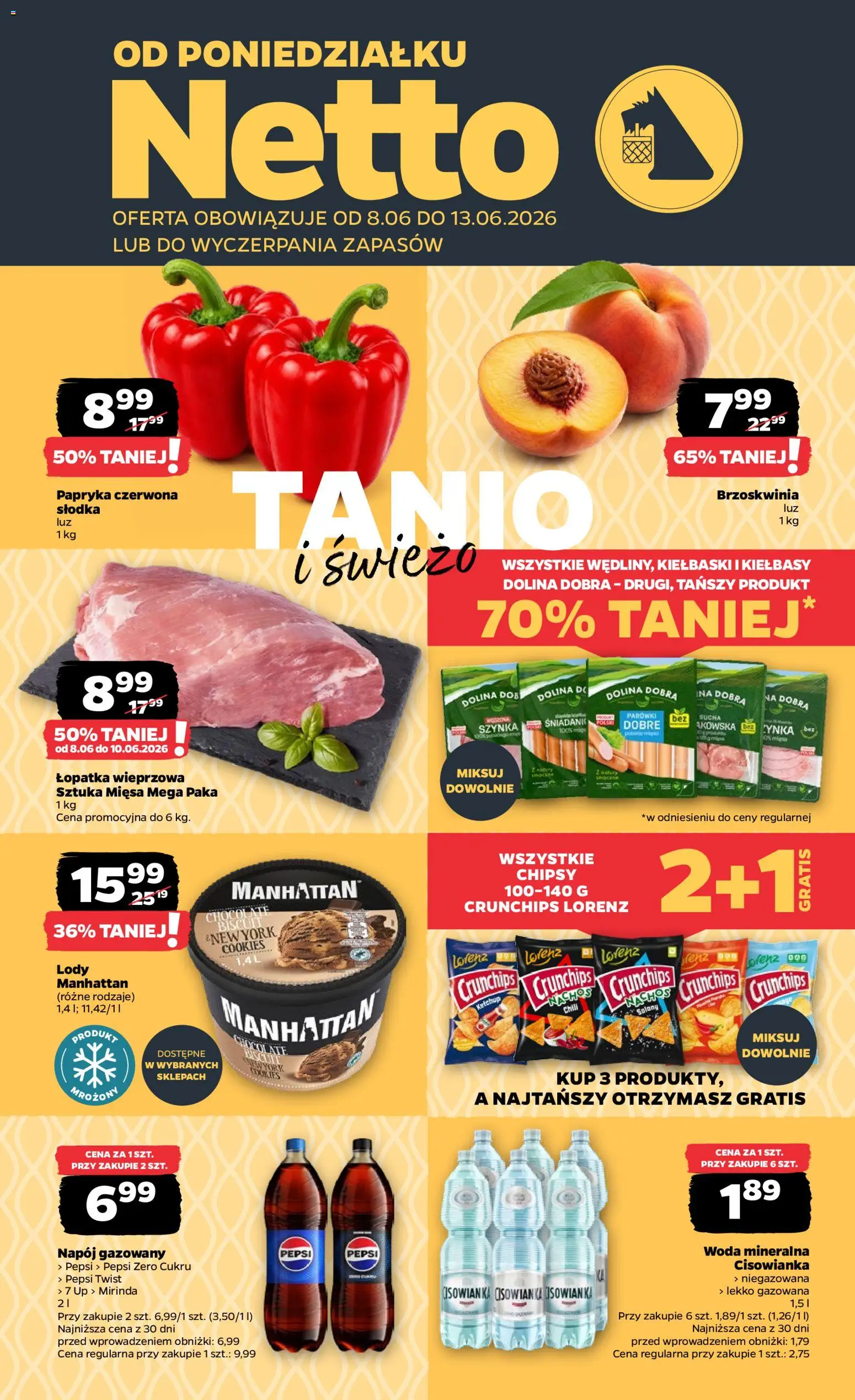 Netto gazetka od poniedziałku spożywcza od 08.06.2026 | Strona: 1 | Produkty: Chipsy, Ketchup, Parówki, Papryka