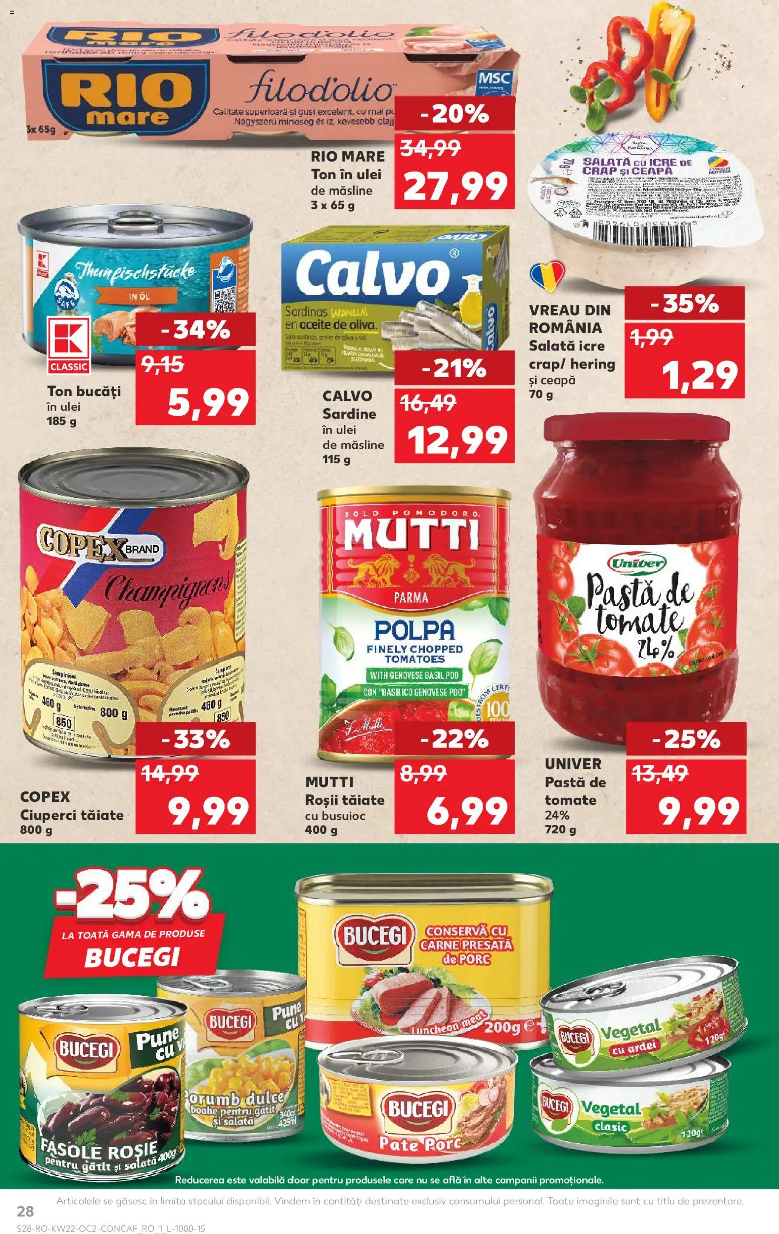 Noul catalog Kaufland – valabil de la 27.05.2026 | Pagină: 28 | Produse: Măsline, Ciuperci, Pastă de tomate, Salată