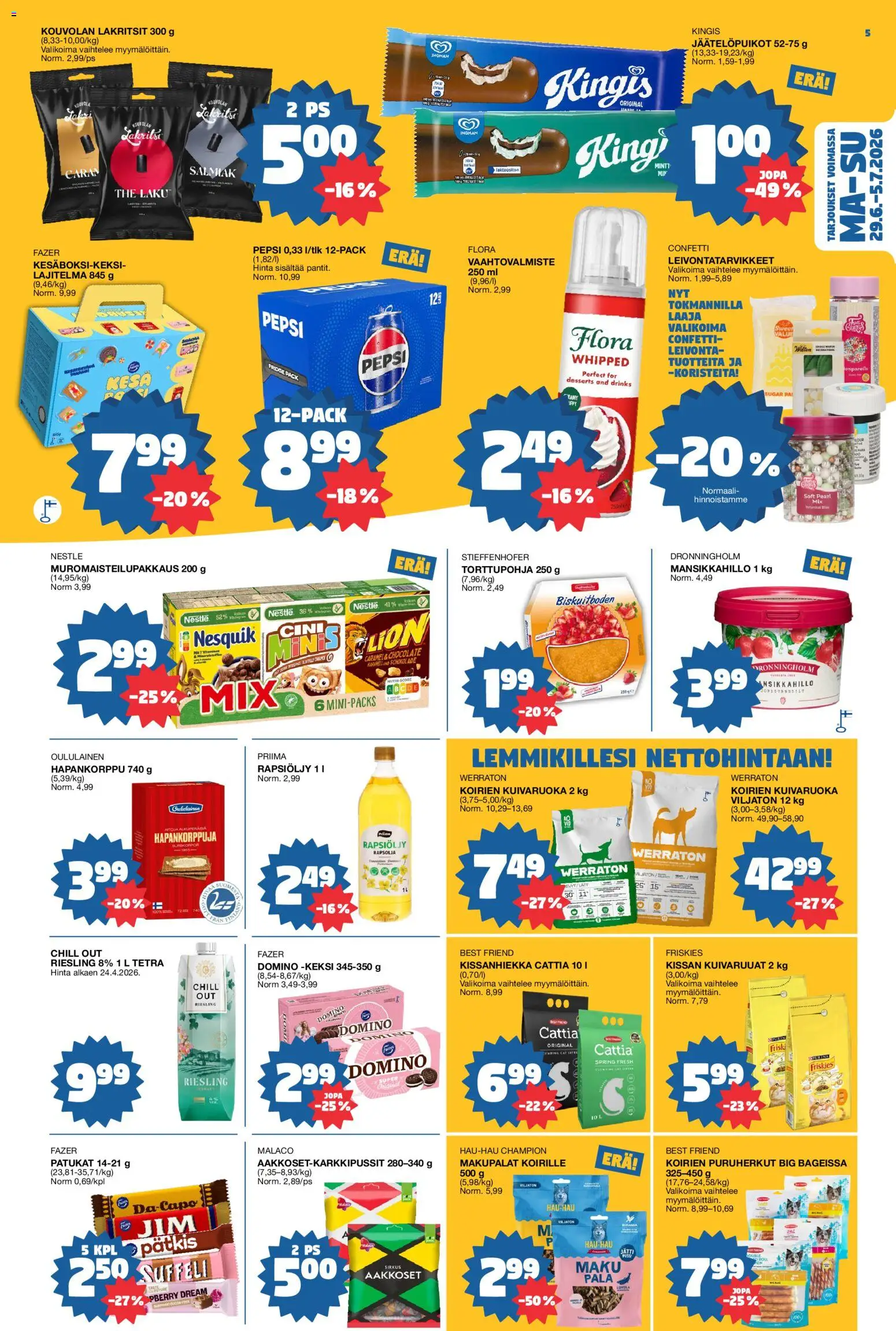 Tokmanni tarjoukset – voimassa 29/06/2026 alkaen | Sivu: 5 | Tuotteet: Rapsiöljy, Kissanhiekka, Pepsi, Lakritsi