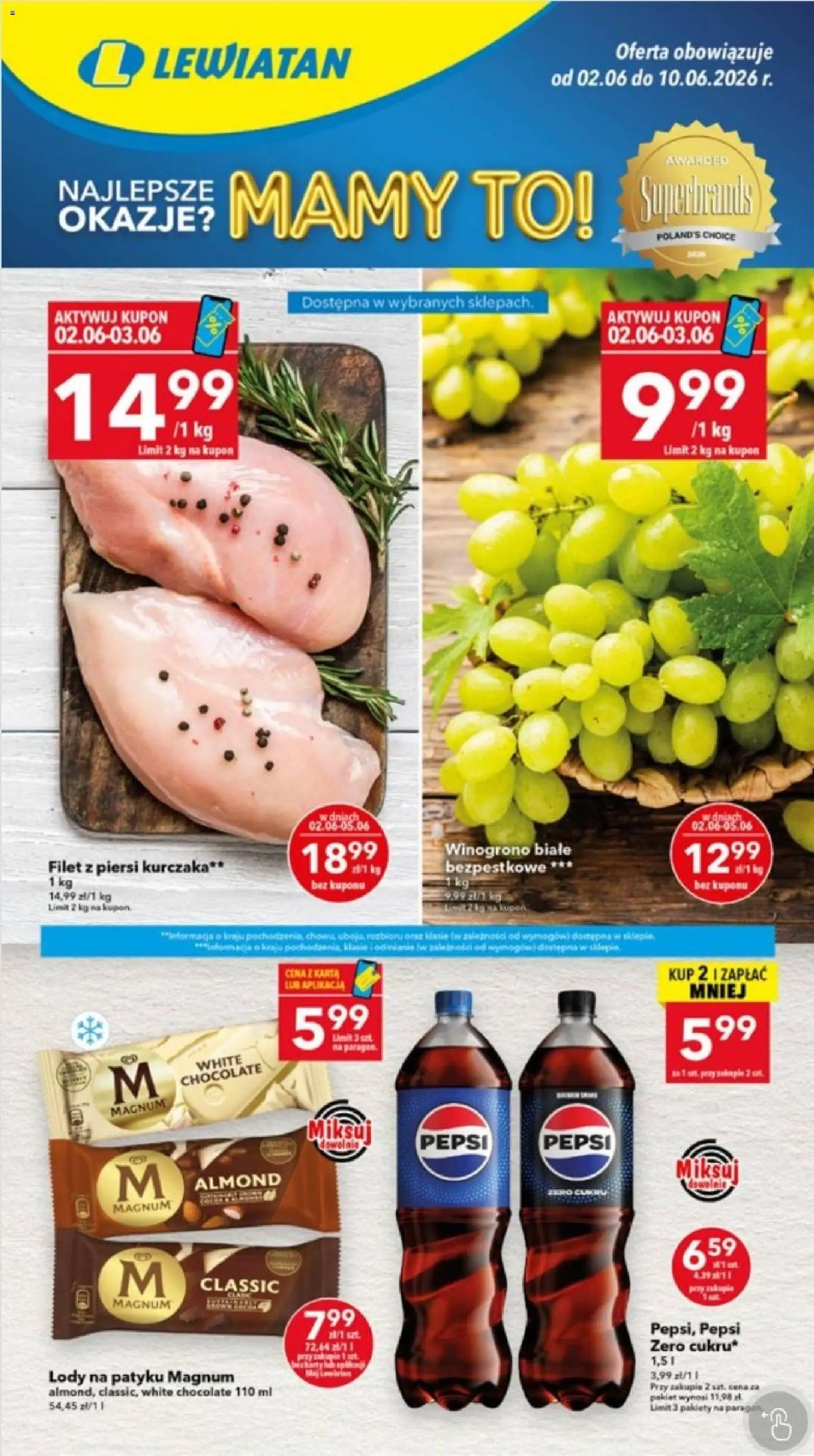 Lewiatan gazetka - Ostrów Wielkopolski od 02.06.2026 | Strona: 1 | Produkty: Karta, Piersi, Pepsi, Lody na patyku
