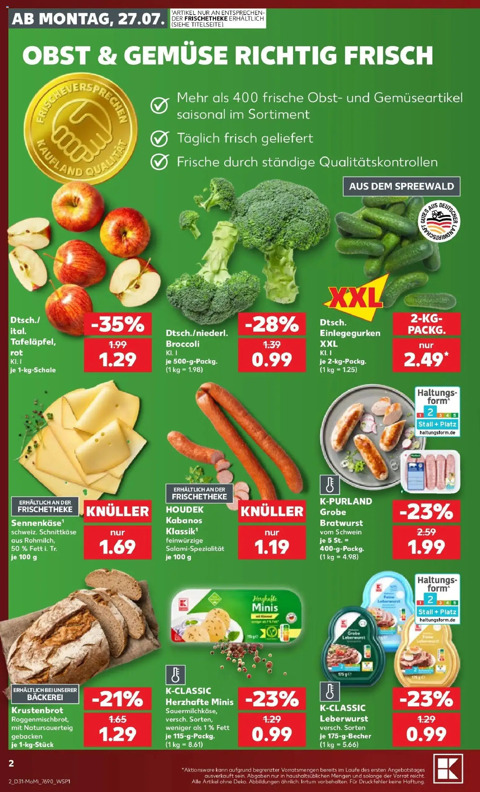 Kaufland Prospekt Calw – gültig ab 27.07.2026 | Seite: 2 | Produkte: Bäckerei, Bratwurst, Gemüse, Obst