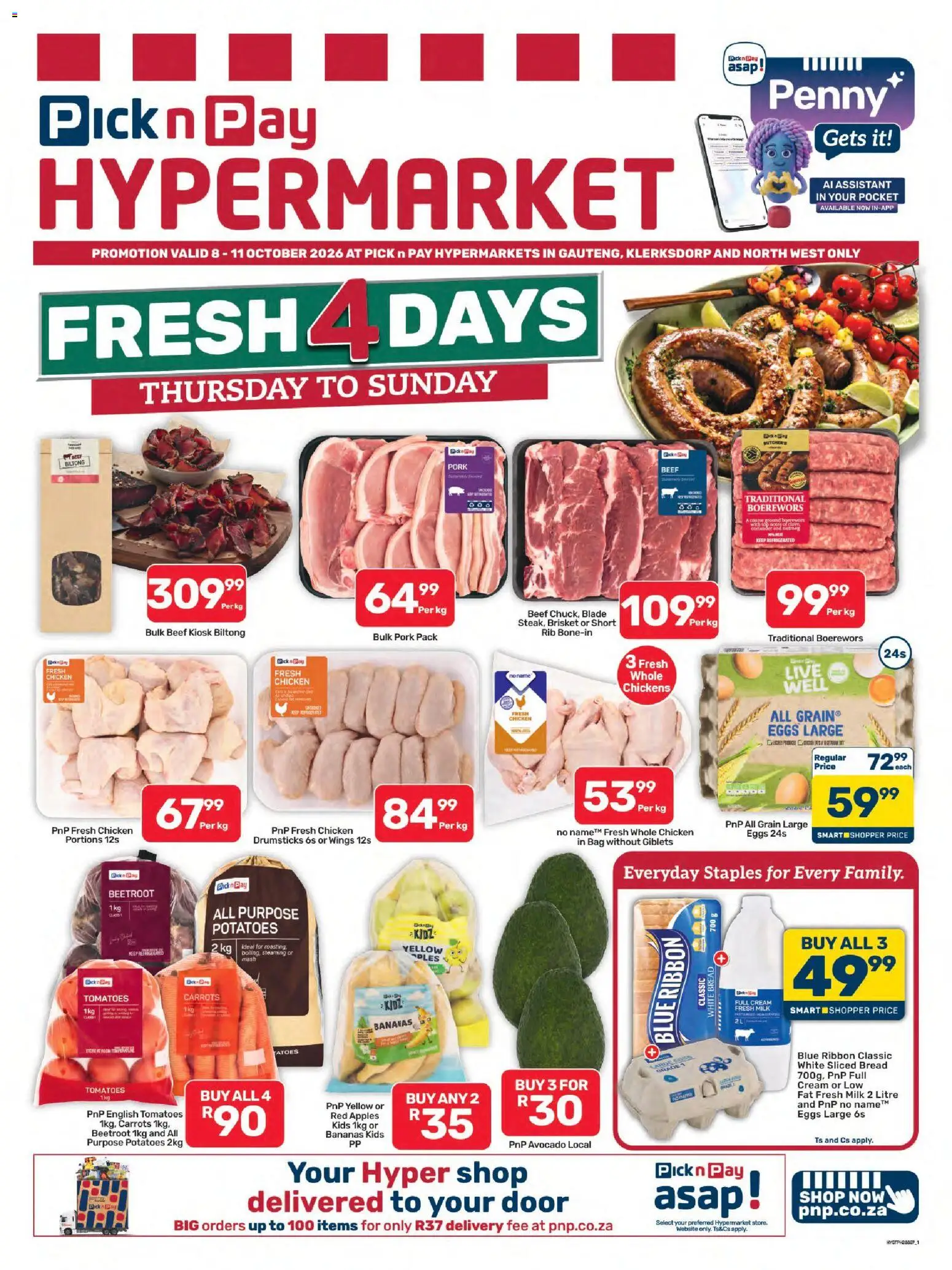 New Pick n Pay catalogue – valid from 08/10/2026 | Page: 1 | Products: Bread, Bananas, Carrots, Cream