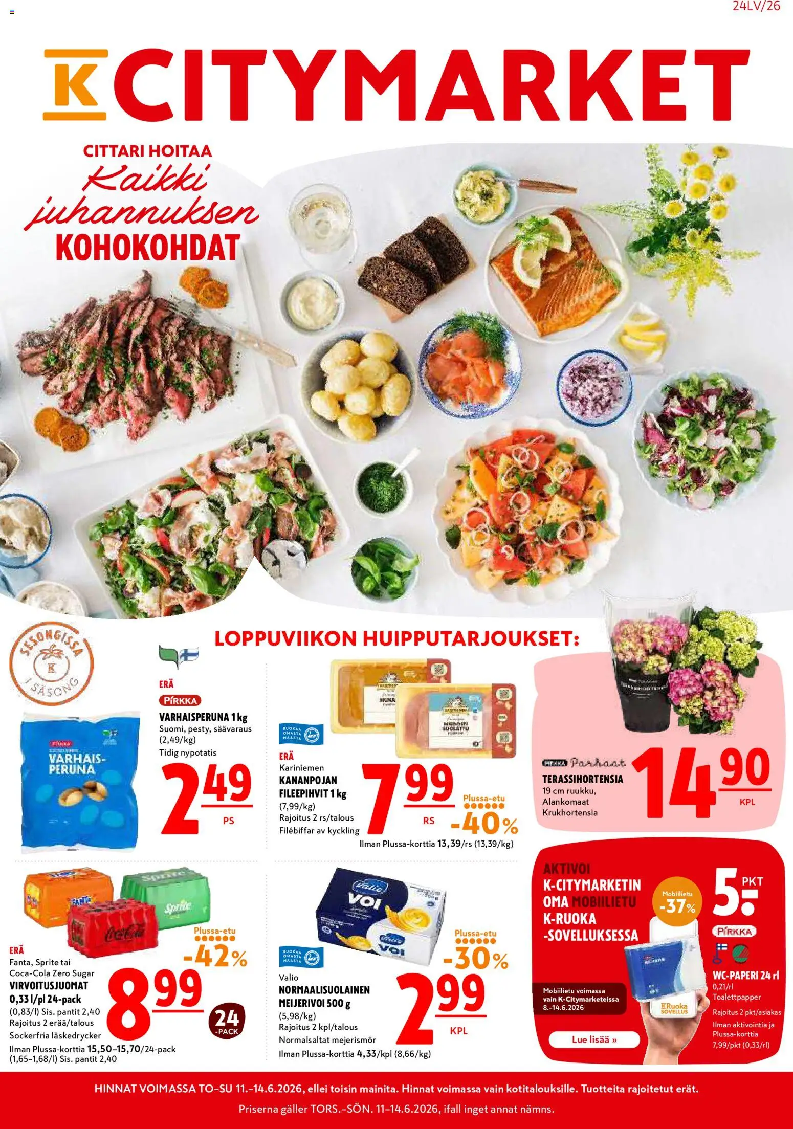 K-Citymarket tarjoukset – voimassa 11.06.2026 alkaen | Sivu: 1 | Tuotteet: Virvoitusjuomat, Sprite, Peruna