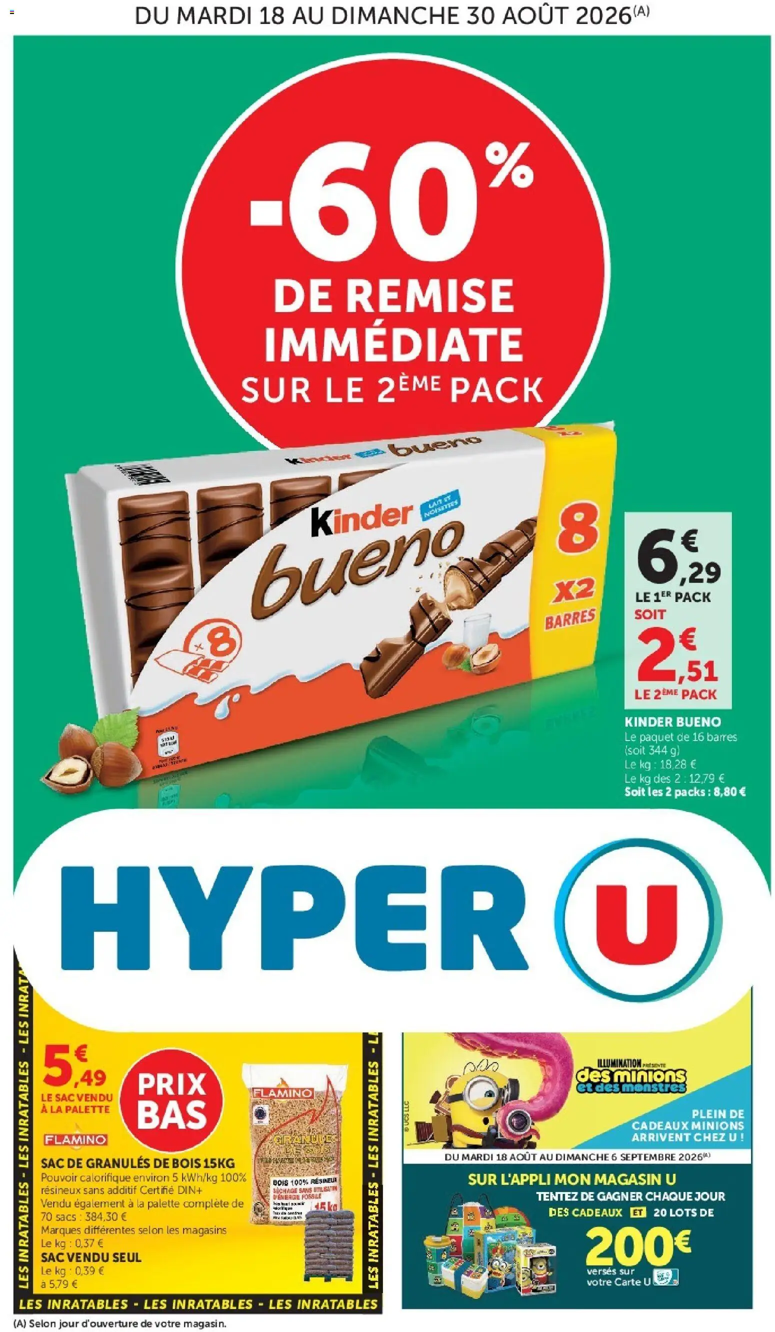{H1} | Page: 1 | Produits: Sac, Granules de bois, Kinder Bueno, Lait