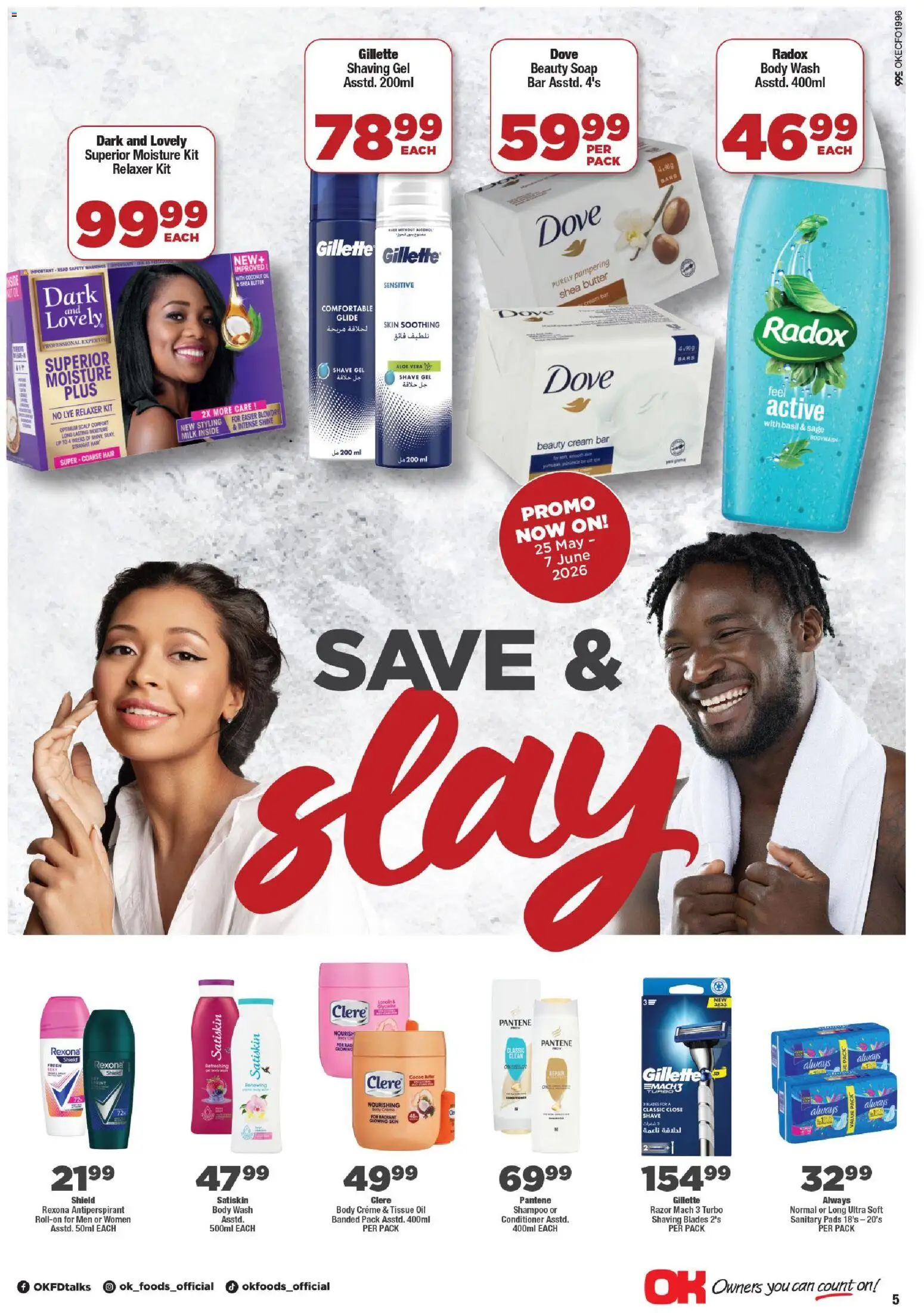 New OK Foods catalogue – valid from 25.05.2026 | Page: 5 | Products: Tissue oil, Pads, Butter, Body wash